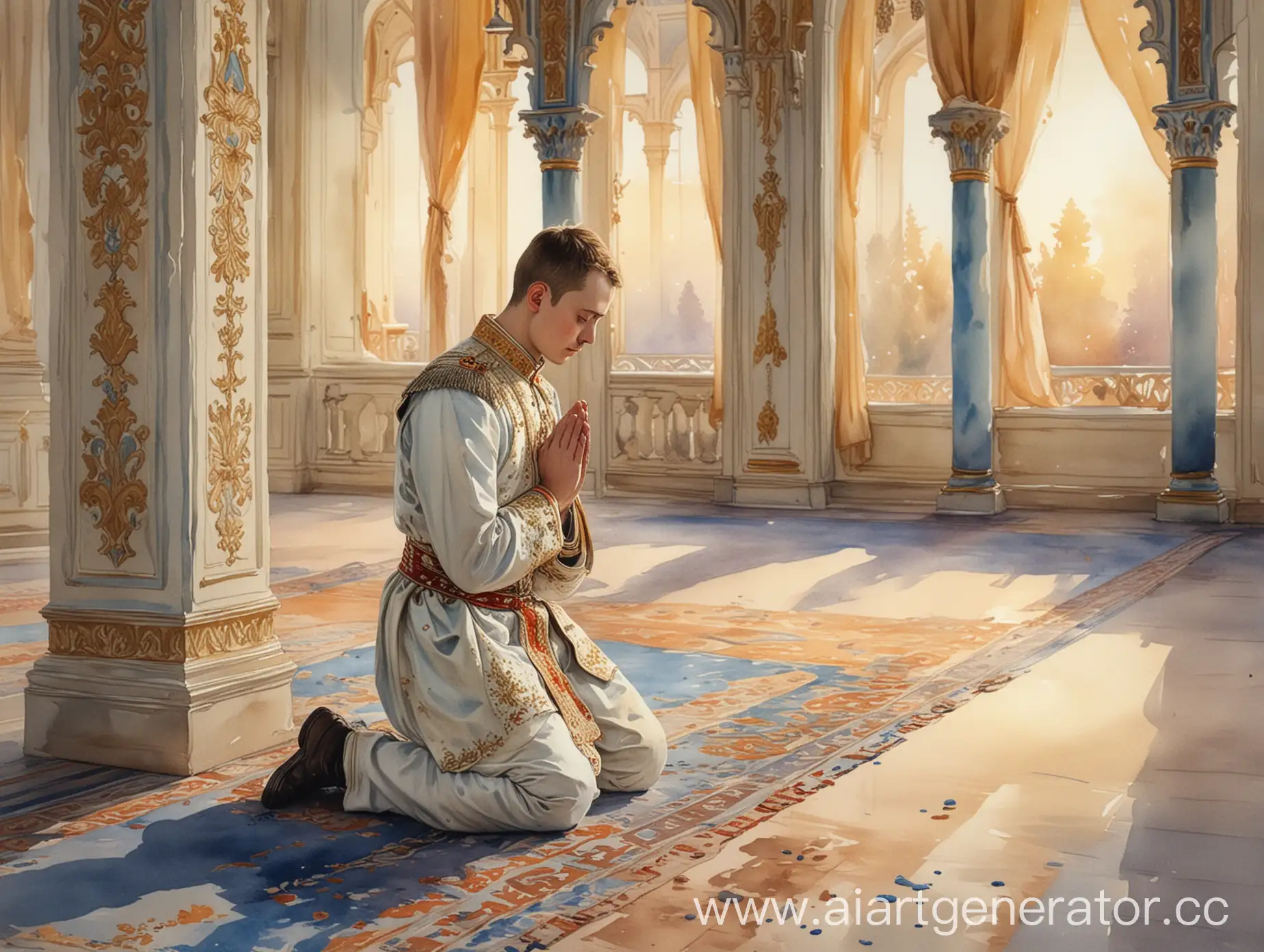 молодой царь молится на коленях в красивом дворце, вечер, акварельный рисунок