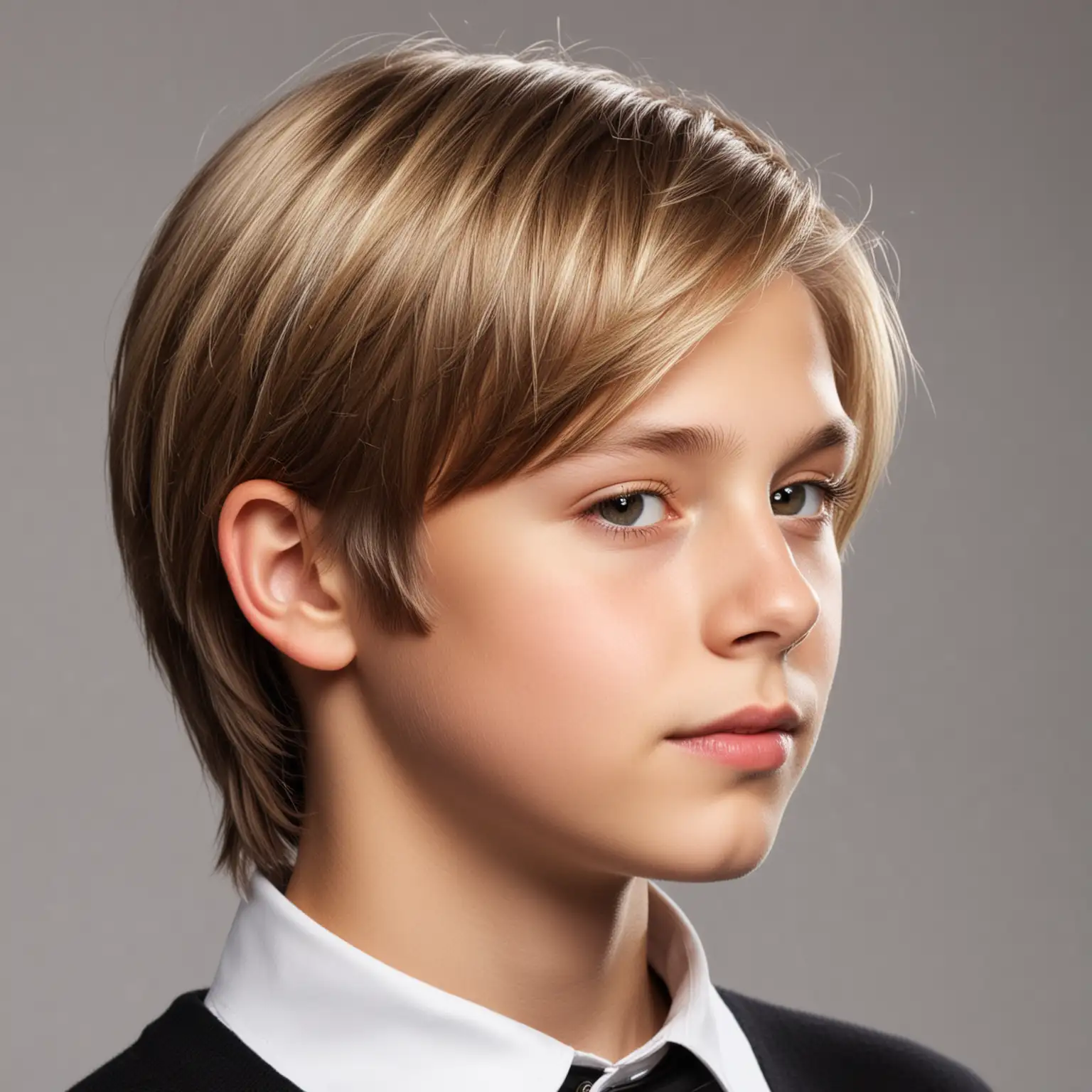 Studio quality photo of  thin twelve year old boy with soft, shiny collar length hair with highlights,  parted in the middle, light overhead,  profile view of model