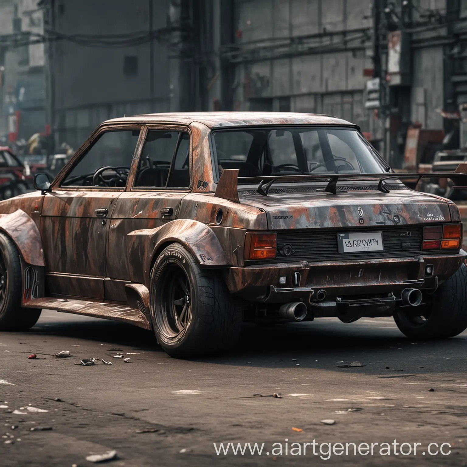 гоночный автомобиль LADA большой спойлер, стиль киберпанк, фотореализм, 3:4