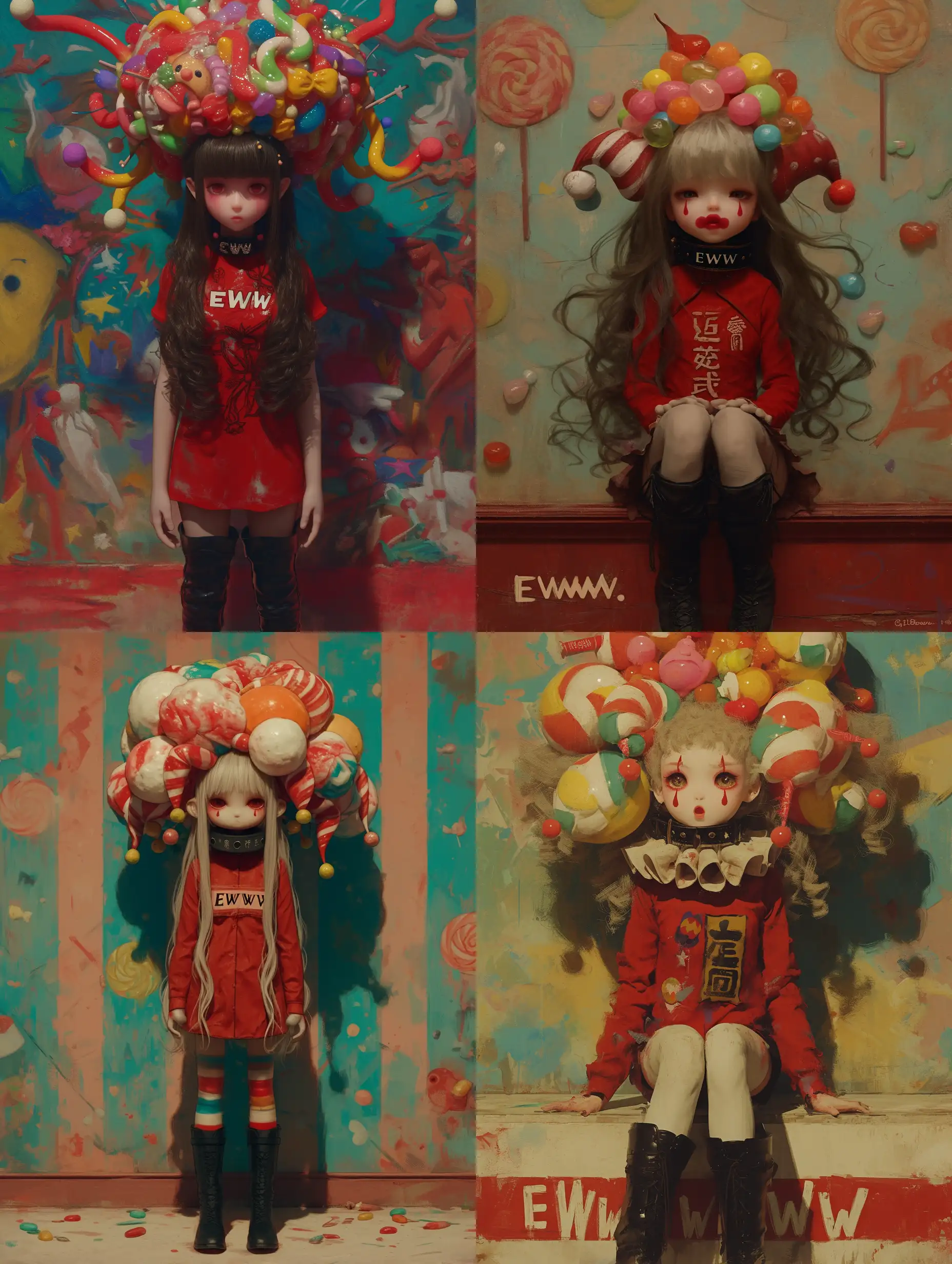 ein süsses Anime mädchen , lange haare, trägt ein halsband mit der inschrift "EWW" , rotes Shirt, schwarze Boots, as a china clown doll with a head full of giant candy, surreal, amusing, matte, fine oil painting, contemporary, bright colours, surreal background,  ultra realistic, high quality CGI VFX fine art, ZBrush HDR | color grading | dark shadows | ambient occlusion | high resolution | intricate | hyperrealistic textures, against an ultra-realistic background with high details and surreal elements. :: anime::-0.1 --niji 6 --s 250