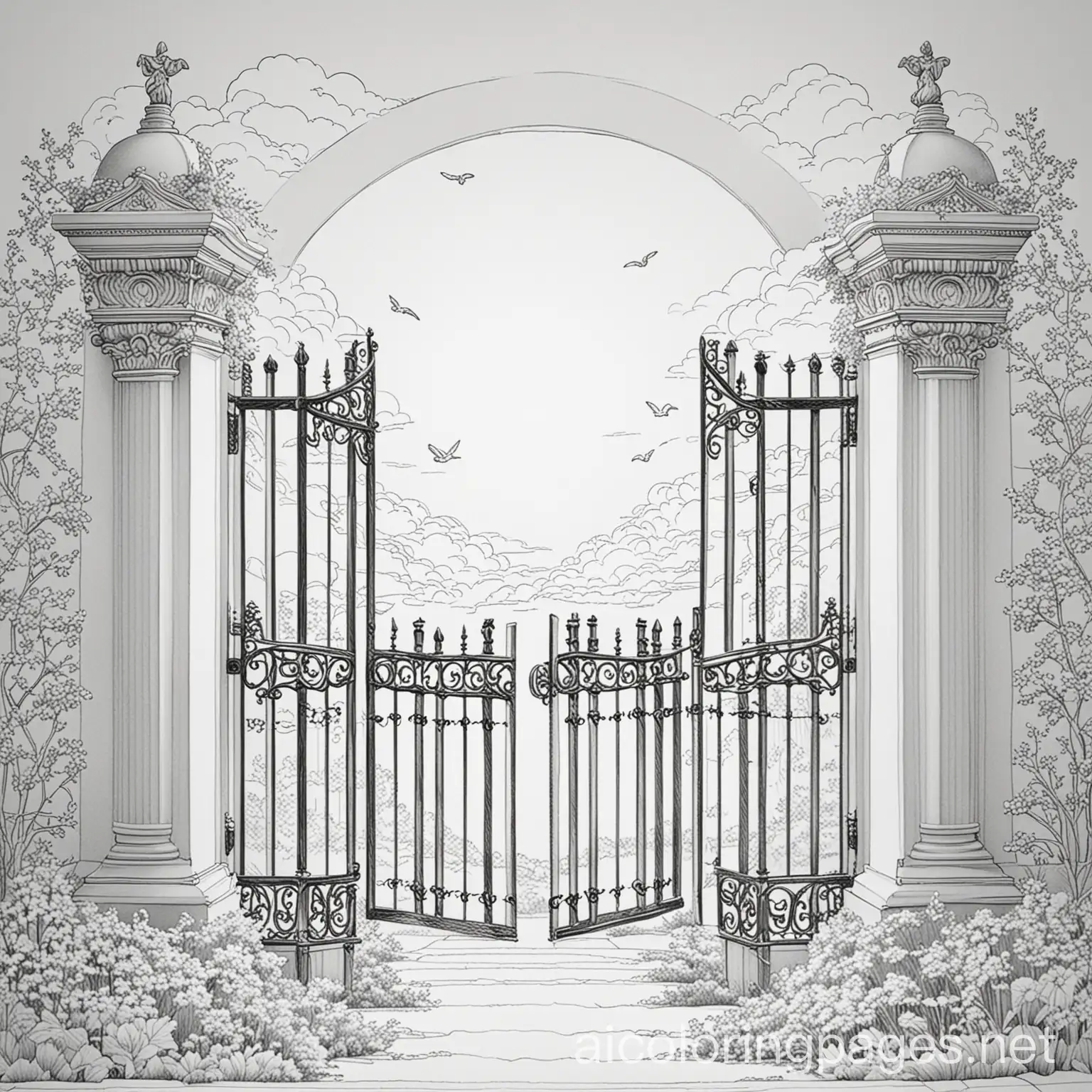 the gates of heaven , Coloring Page, black and white, line art, white background, Simplicity, Ample White Space. The background of the coloring page is plain white to make it easy for young children to color within the lines. The outlines of all the subjects are easy to distinguish, making it simple for kids to color without too much difficulty 