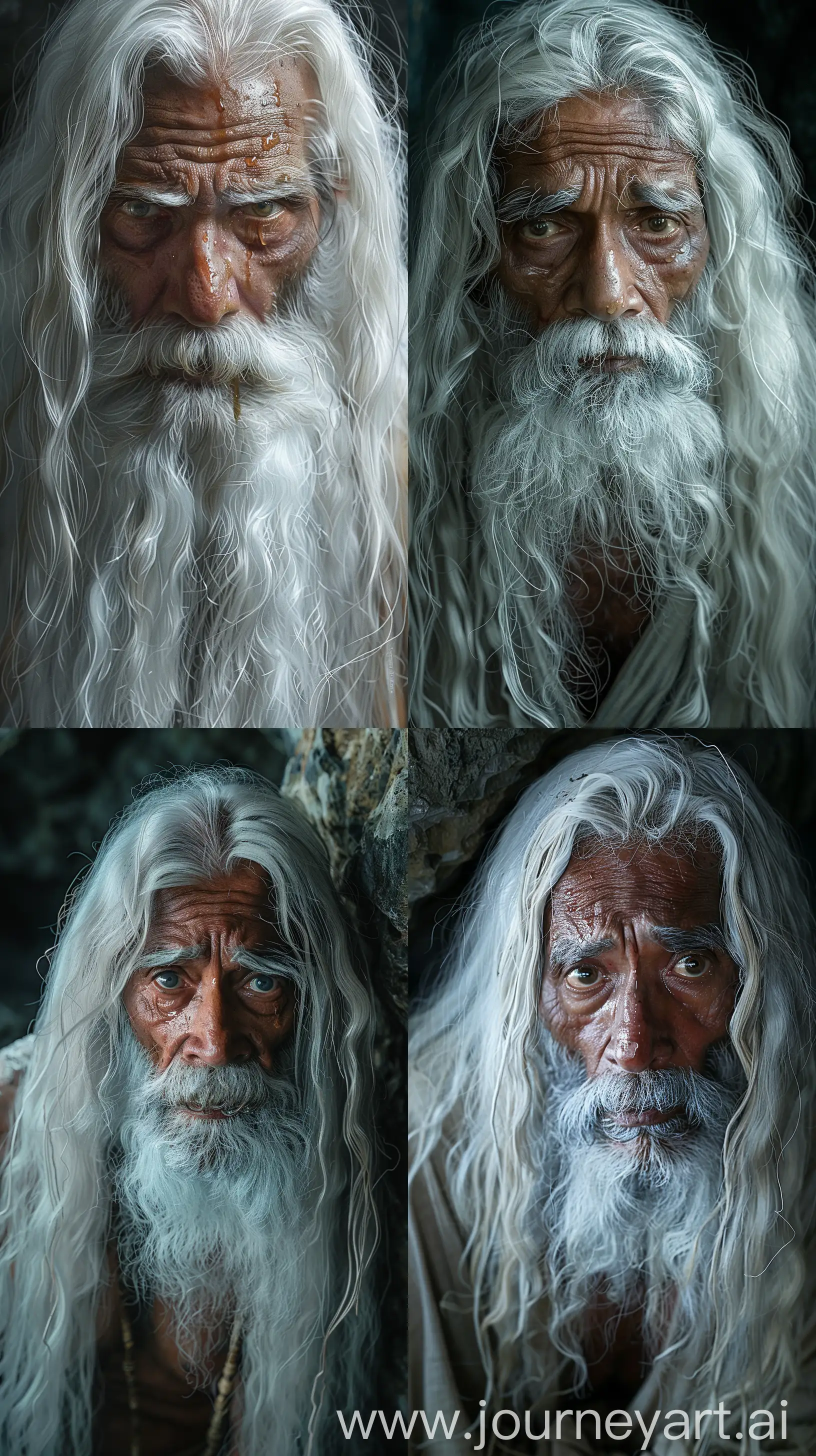 Elderly Indian sage with long white hair and beard, worried expression, slightly soaked, trapped in a dark cave looking for an exit, dim ambient light, highly intricate details, high-resolution --s 400 --ar 9:16 --v 6