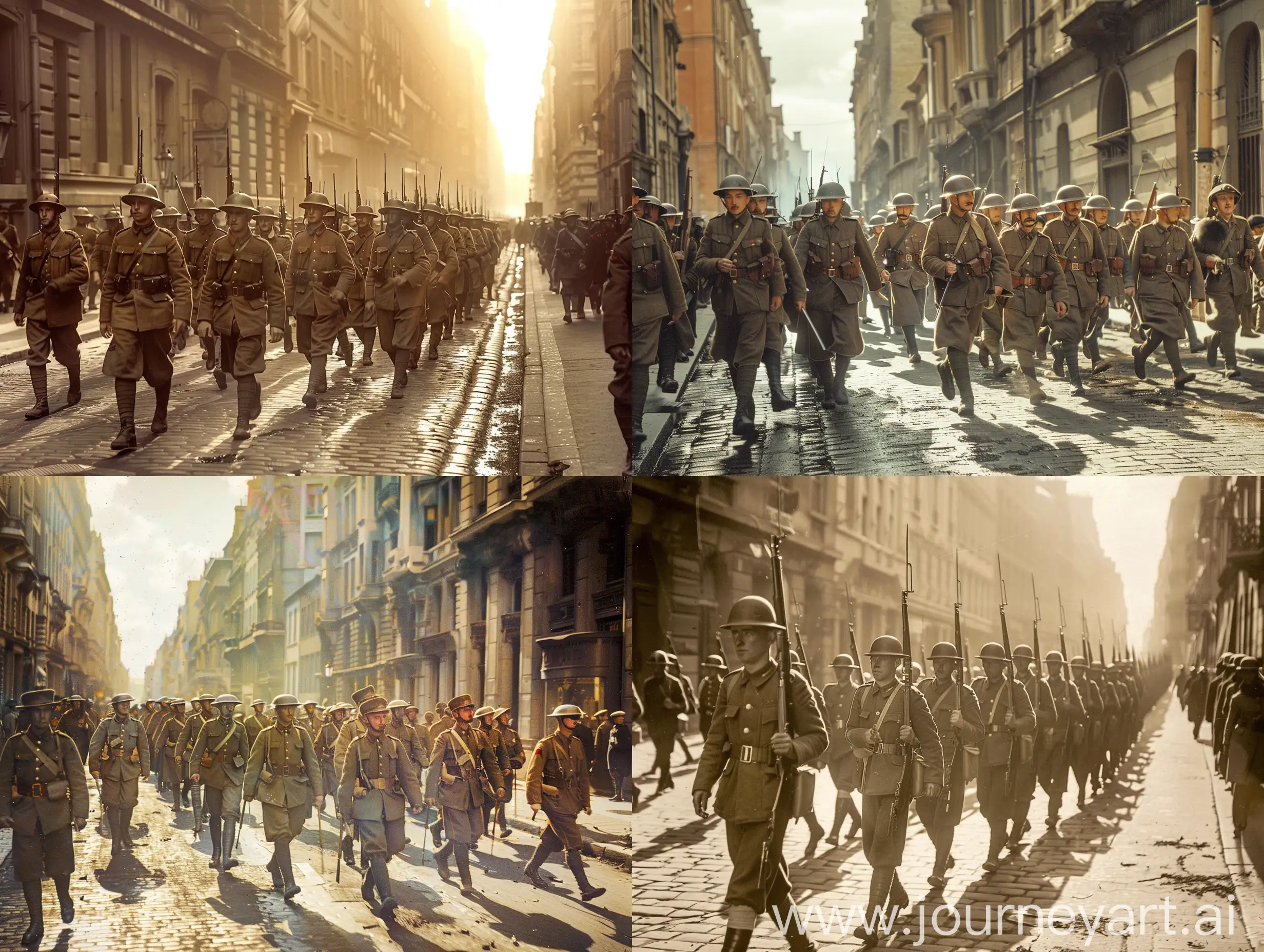 солнечная улица Английского города 20 годов на которой маршируют солдаты первой мировой