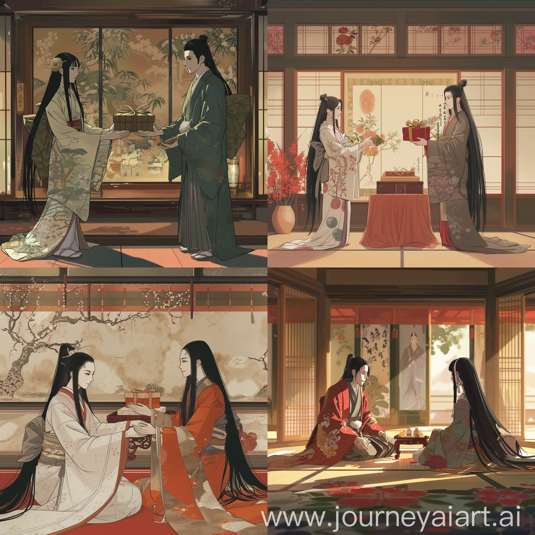 Hi-res anime, in the beautiful room of a Heian nobleman, a young male nobleman, Hikaru Genji, gives a gift to a female nobleman, Kaguya-hime. . The Tale of Princess Kaguya, a picture scroll of the Tale of Genji, reflects the unique style of Yamato-e by Uemura Shōen and Sakanoue Kiriyū, inspired motif (((Fujichoco, detailed and elegant illustration. The concept art is a masterpiece of intricate detail. The perspective of the illustration is a right front perspective in a panoramic shot. The artwork is in the Japanese Heian dynasty style, with motifs similar to tapestries, atmosphere, cgstasion, HQ, detailed illustration, panoramashot, full body, smooth, sharp focus, Japanese anime style