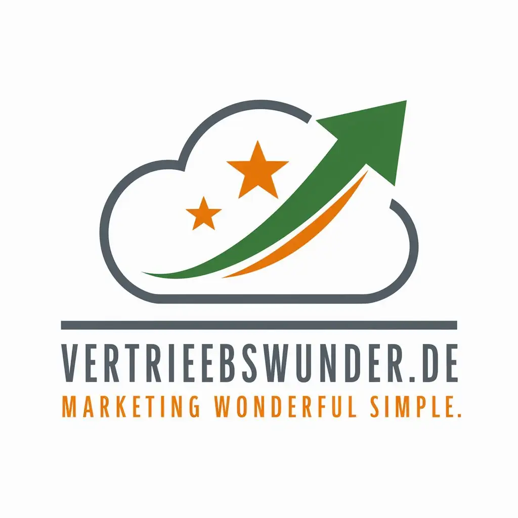 a logo design,with the text "VertriebsWunder.de", main symbol:A cloud with an upward pointing arrow in green. There the 3 stars symbolize the wonder. Below the name &#34;VertriebsWunder.de&#34; in dark gray Below the slogan in orange: &#34;Marketing wonderful simple&#34;,Moderate,be used in Internet industry,clear background