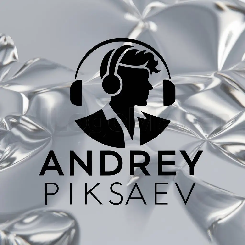 a logo design,with the text "Andrey PIKSAEV", main symbol:Black silhouette of a person with headphones,Moderate,be used in music industry,clear background