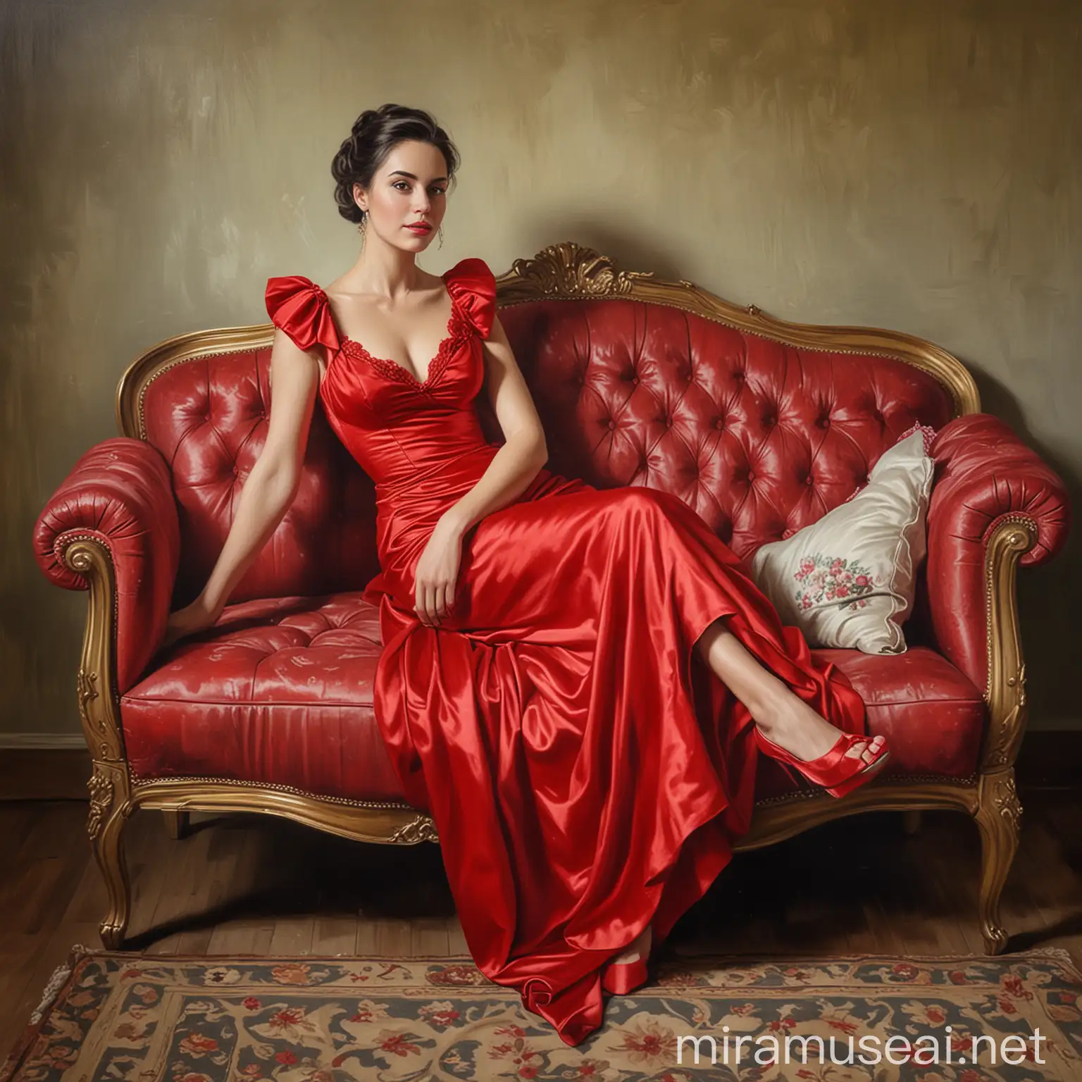 In oil painting, a lady with red dress sits on an elegant couch