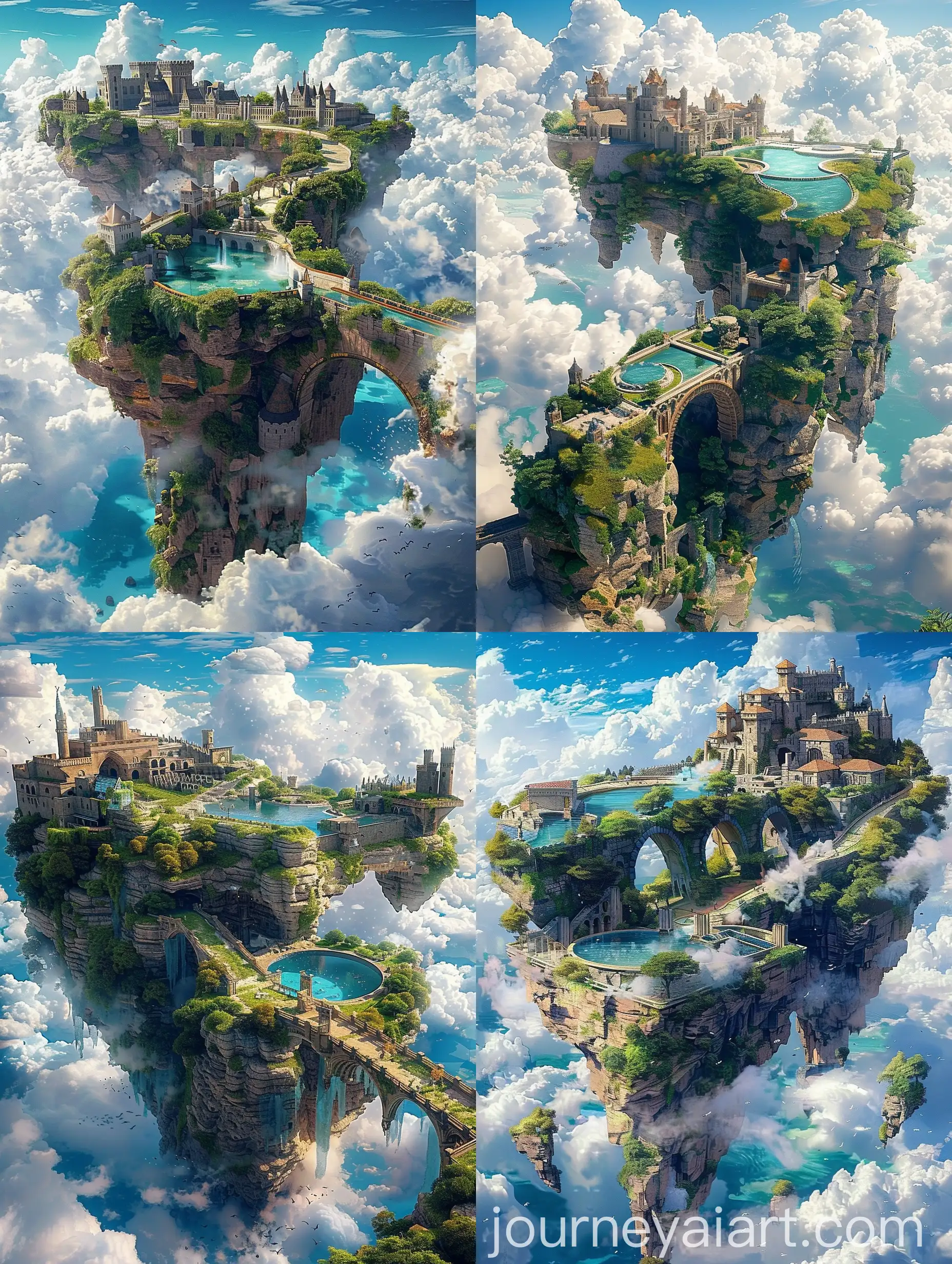 A fantastical landscape featuring a large rock formation suspended above the clouds. Atop the formation, there is a castle and various structures, including an arched bridge leading to more buildings in the distance. Lush greenery surrounds the pools and pathways, blending nature with medieval architecture. The sky is bright blue with large, fluffy clouds, creating a whimsical, otherworldly atmosphere.
