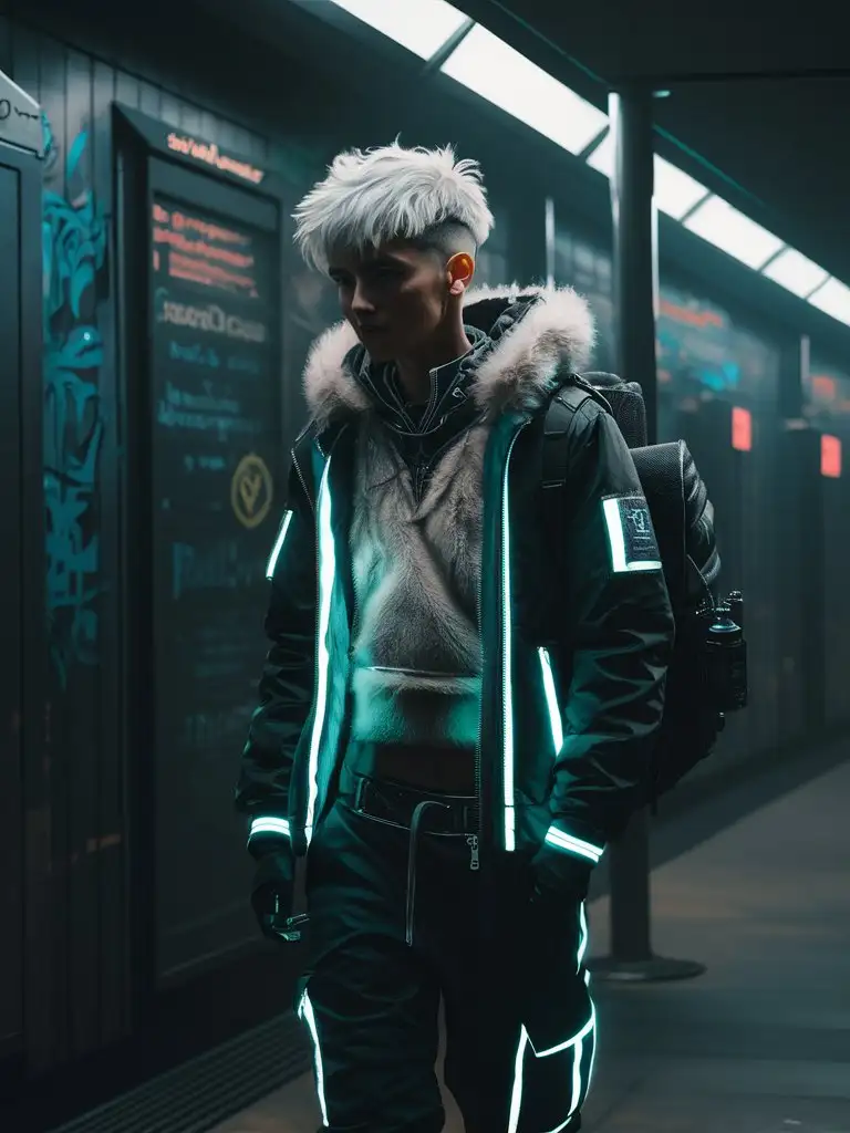 teen femboy hacker, white hair, outfit with bioluminescent details,  jacket over fluffy top, backpack, dystopian cyberpunk subway station, low light, dark shadows, fluffy fur-trim