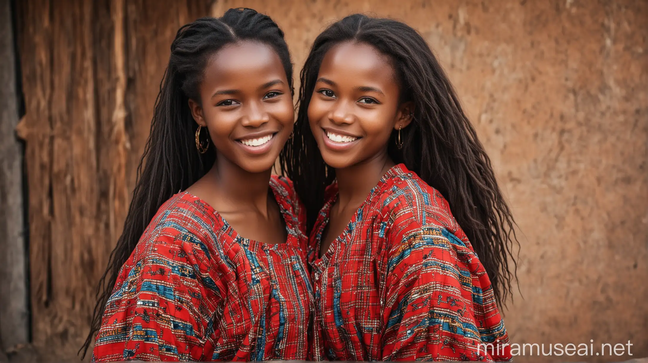 Two Happy Tanzanian Girls in Traditional Clothing with Long Hair