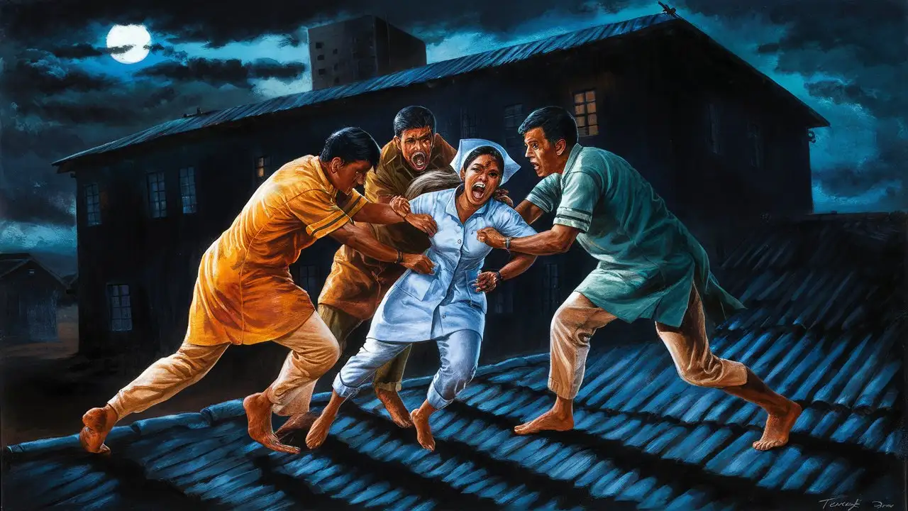 Three indian people are pushing an Indian nurse from the roof of the village hospital at night