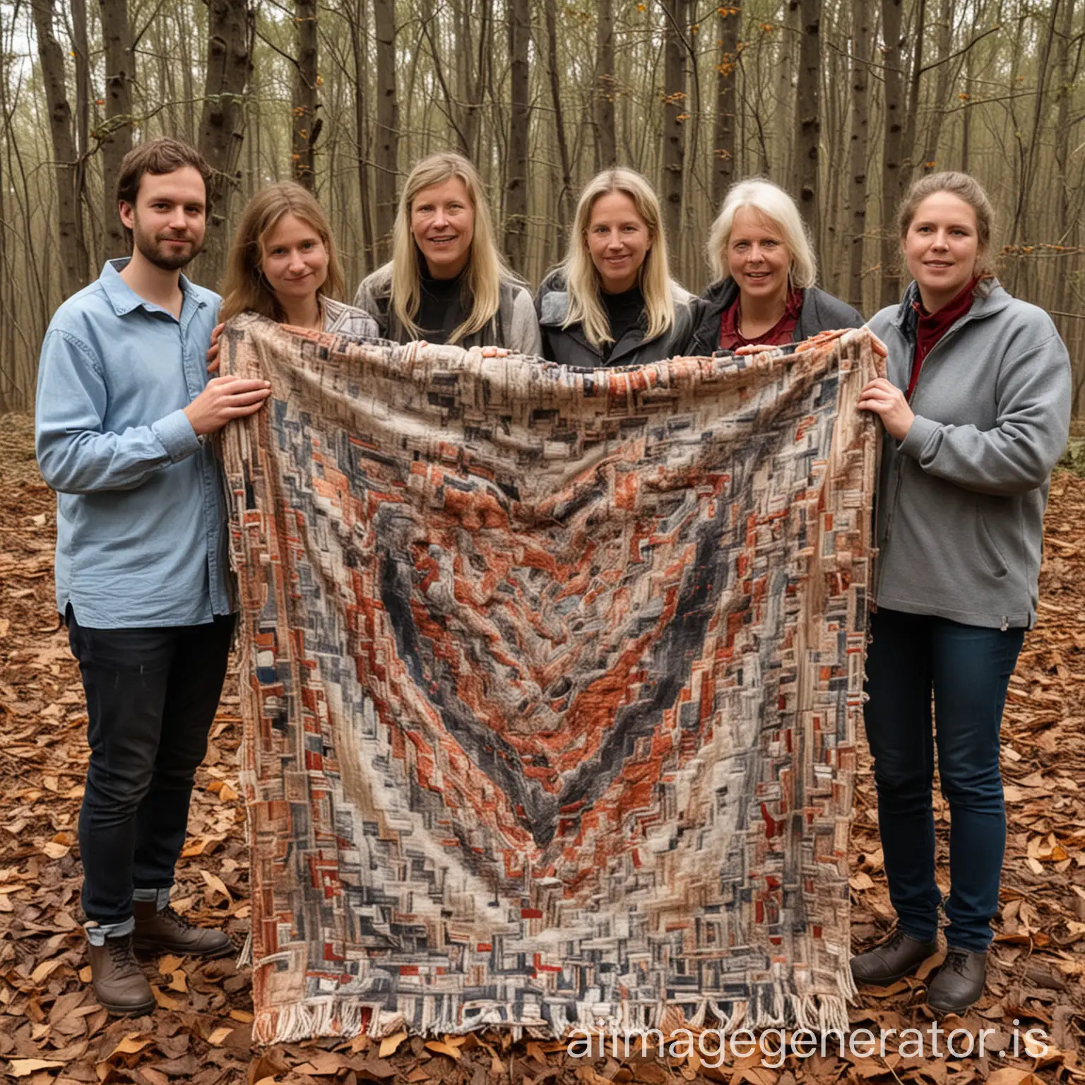 people holding a handmade blanket made with residue 