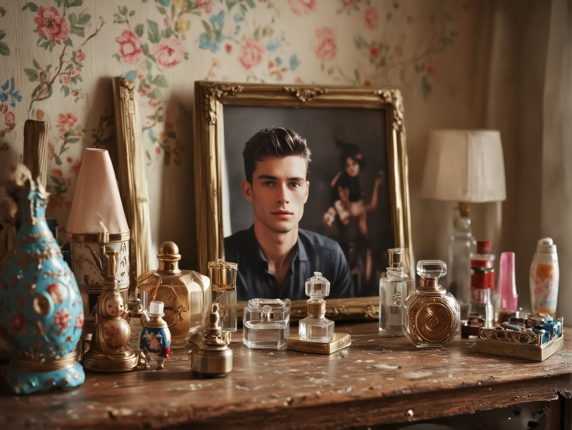 Photograph-of-a-Handsome-Guy-Among-Toys-and-Perfumes-in-a-Small-Bedroom