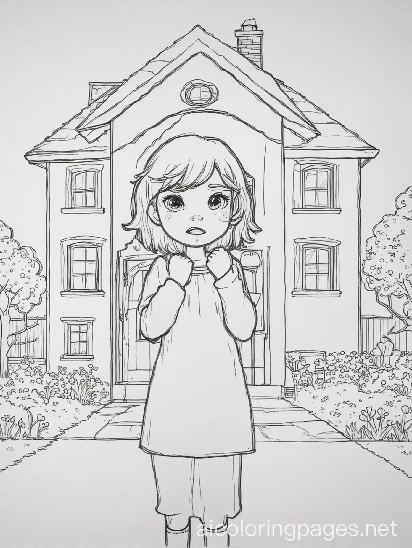 A girl standing with her fists up to her eyes crying with a house behind her. Coloring Page, black and white, line art, white background, Simplicity, Ample White Space. , making it simple for kids to color without too much difficulty. Very simple design. Big lines with no dark filling, Coloring Page, black and white, line art, white background, Simplicity, Ample White Space. The background of the coloring page is plain white to make it easy for young children to color within the lines. The outlines of all the subjects are easy to distinguish, making it simple for kids to color without too much difficulty