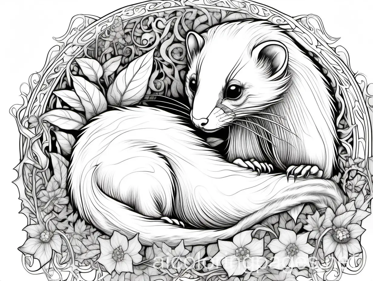 Graphic illustration, Angora Ferret fantasy, ethereal, beautiful, Art Nouveau, in the style of Brian Froud, Coloring Page, black and white, line art, white background, Simplicity, Ample White Space. The background of the coloring page is plain white to make it easy for young children to color within the lines. The outlines of all the subjects are easy to distinguish, making it simple for kids to color without too much difficulty