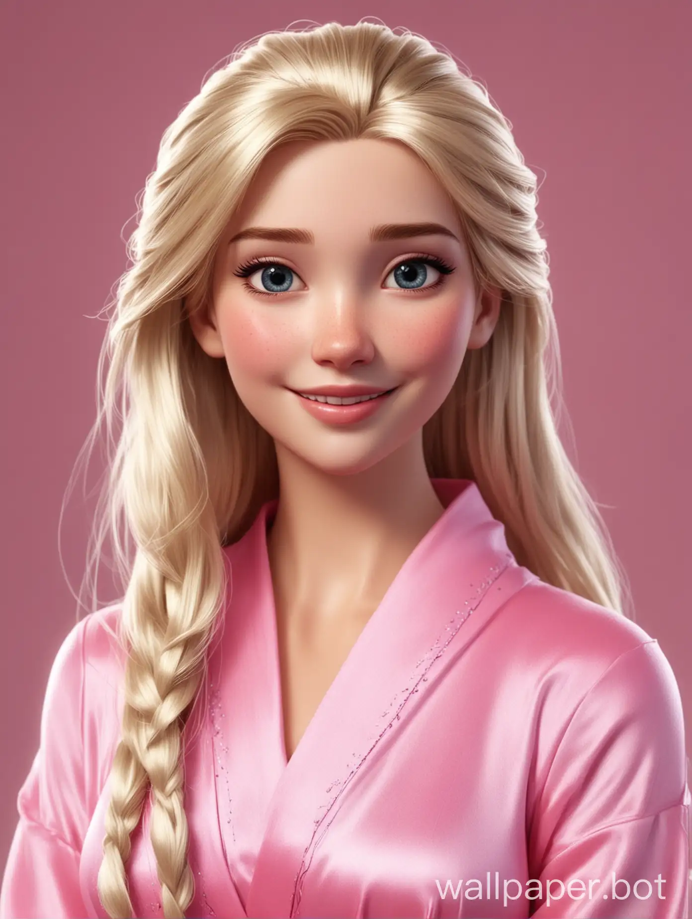 Realistic Elsa with long straight hair in a pink silk robe smiles