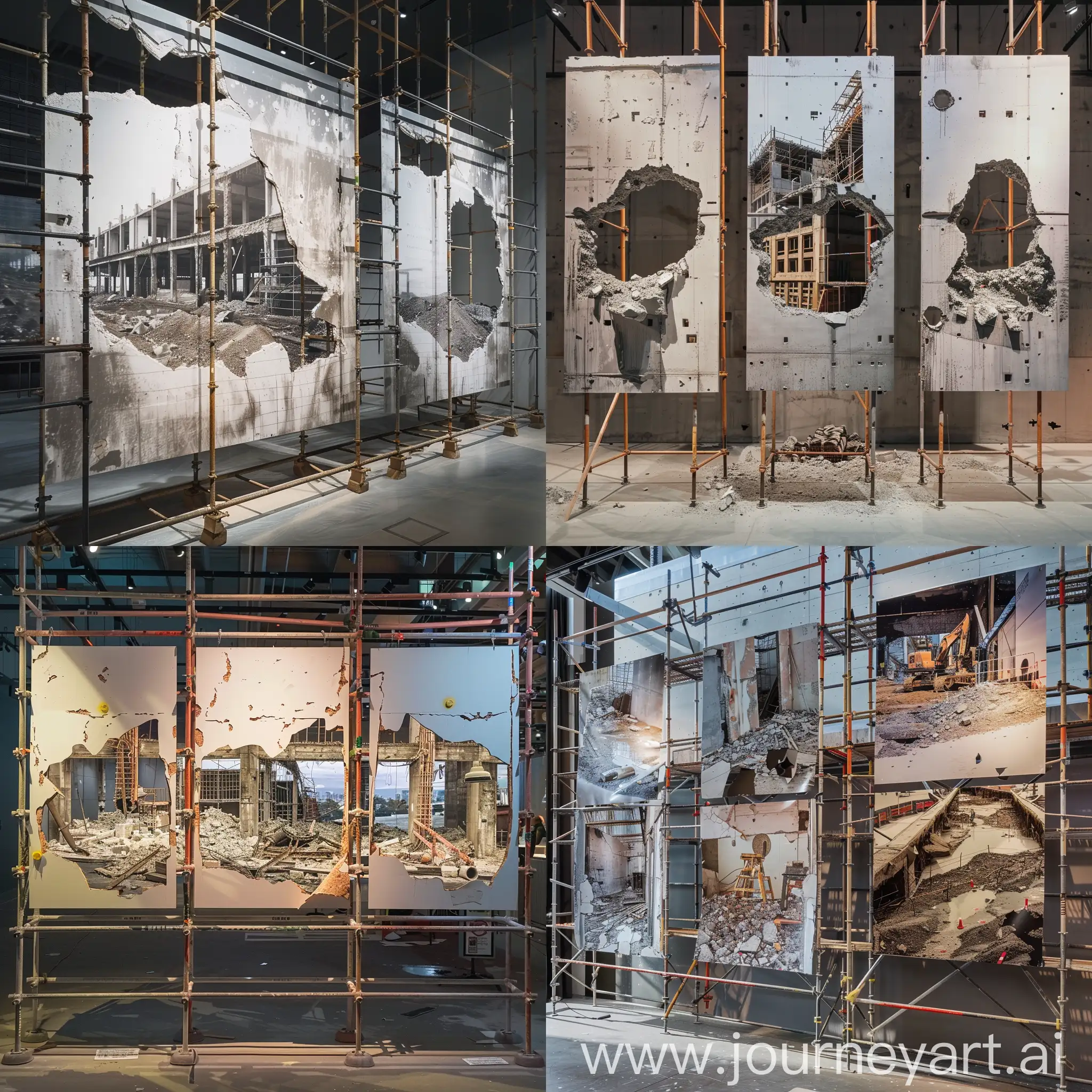 a photo exhibition featuring three large, wide-angle photos of construction sites, mounted on scaffolding in front of an wall like ad banners. The photos have holes and tears on them, through those holes we can see smaller close-up photos behind them on the wall