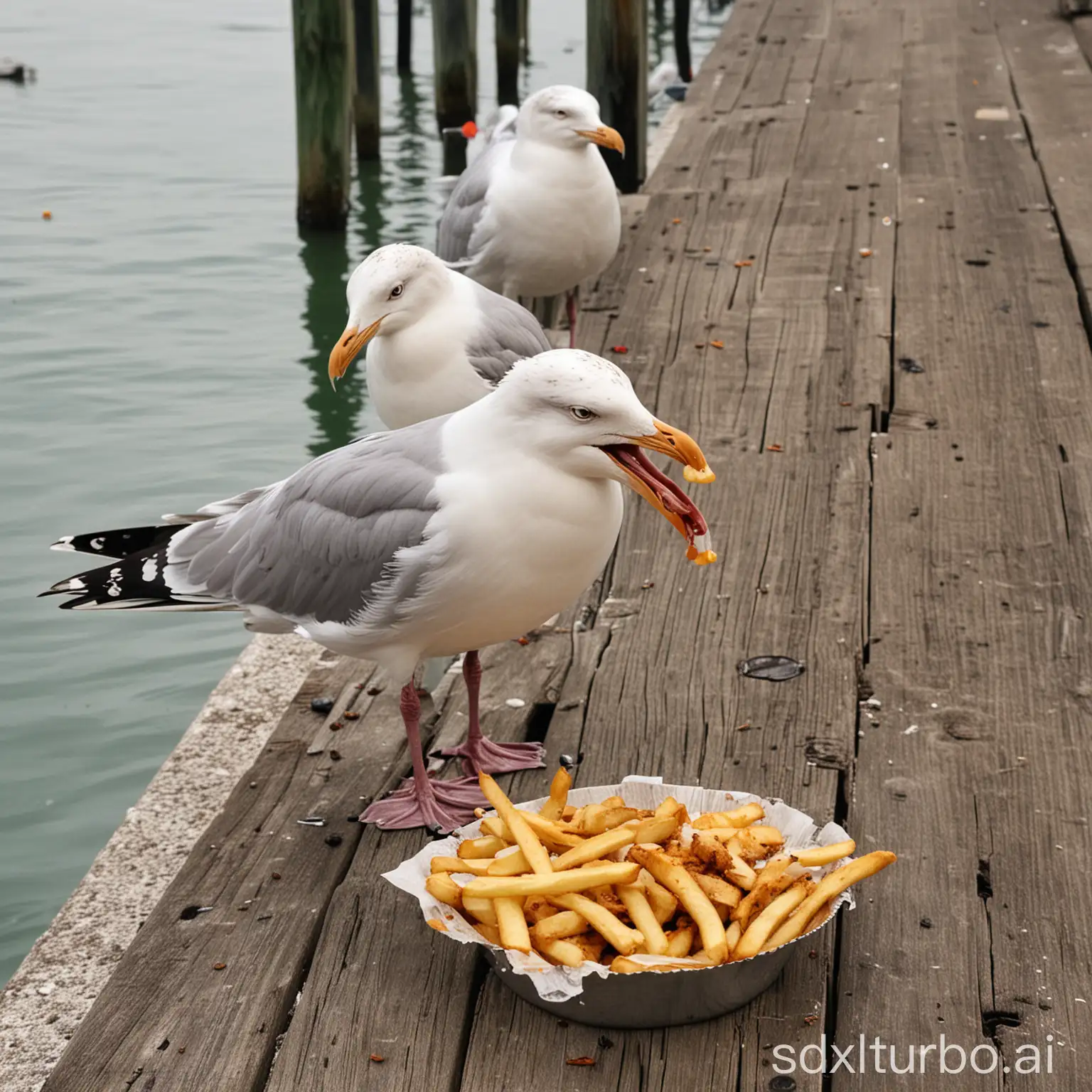 Seagulls are eating fries at the pier