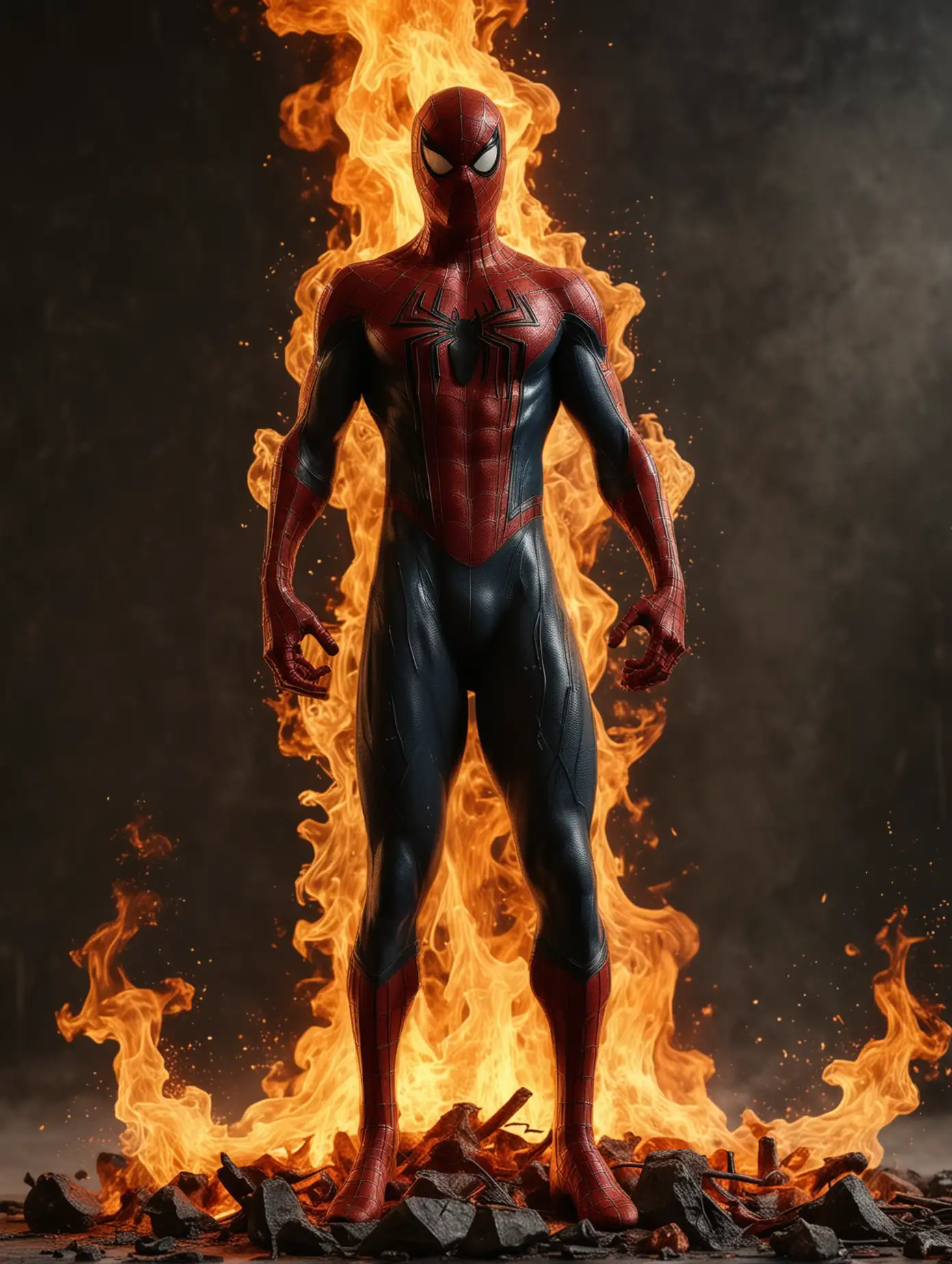 Spiderman Standing in Fire Realistic Hero in Vibrant Flames