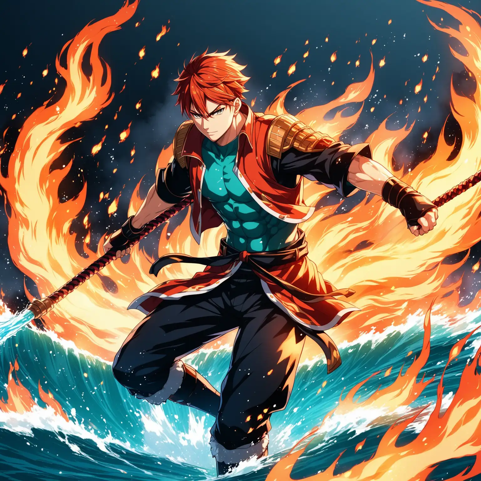 male Anime battle character, fire and water, 8K