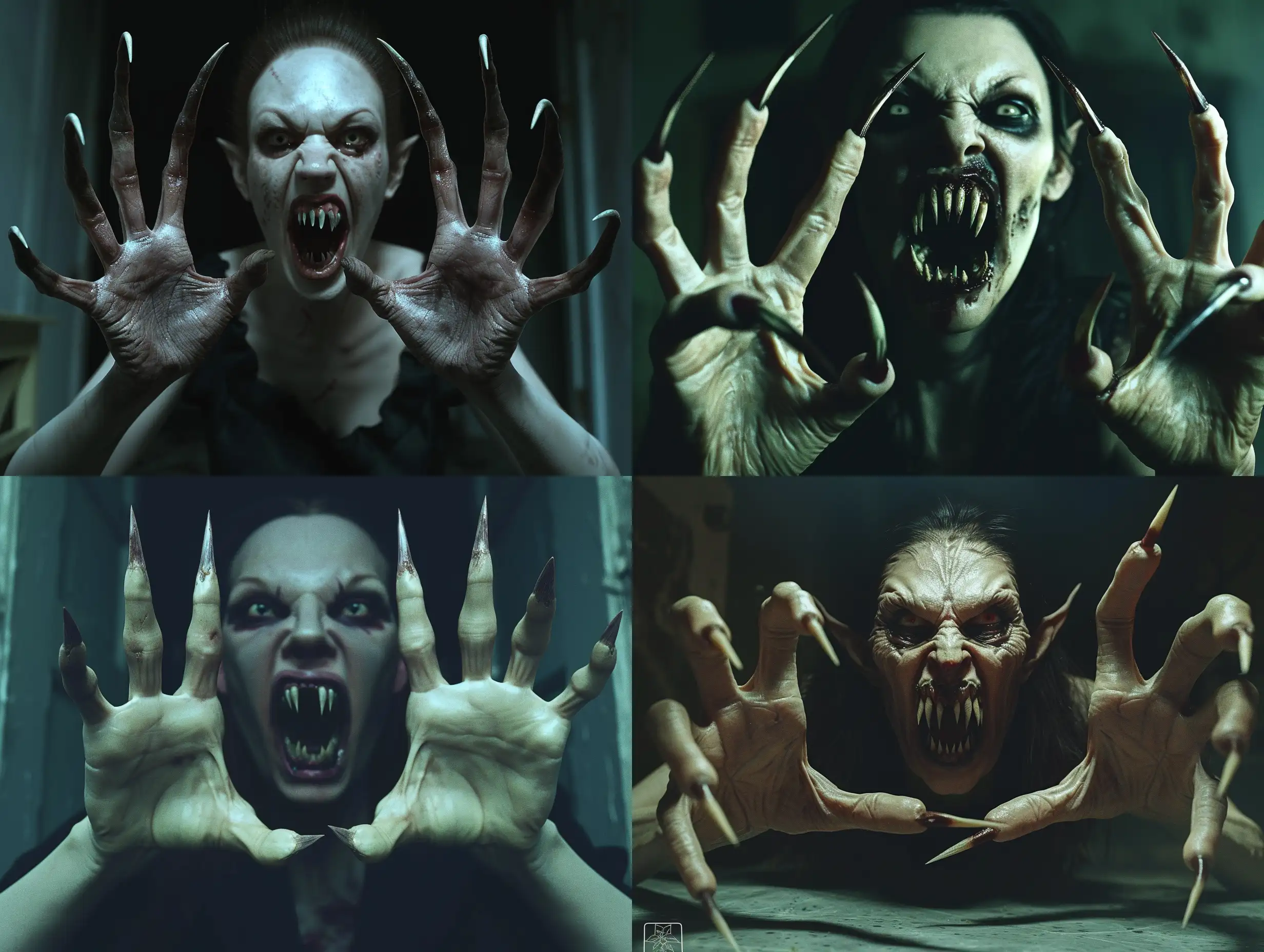 A photorealistic scene of a wild ugly monstruos vampire woman with extra long pointed fingernails, on each hands with five fingers, her mouth is threateningly open, and terrible teeth look like fangs, the vampire looks like she climbed out of the grave, her nails resemble the claws of a predators.scene inside darkness room,hyper-realism, cinematic, high detail, photo detailing, high quality, photorealistic, aggressive, dark atmosphere, realistic, the smallest details, detailed nails, horror, atmospheric lighting, full anatomical, photorealism, detailed, textured, dark, haunting, night-time scene, intense, creepy, undead, spooky, eerie, atmospheric lighting, nightmare, grotesque, terrifying, realistic anatomy, human hands, very clear without flaws with five fingers.