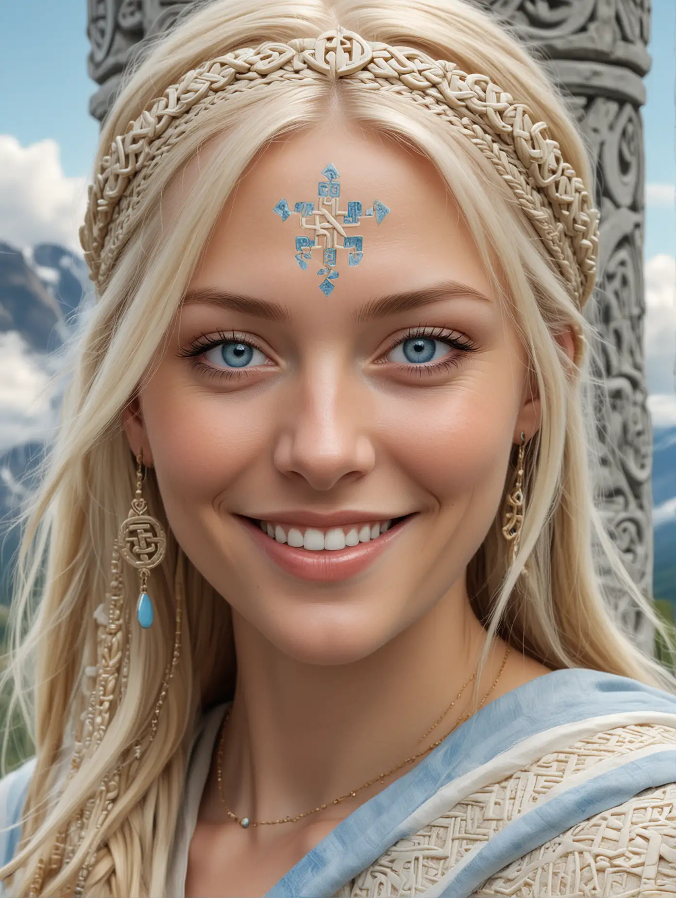 A portrait of a smiling nordic female priestess, blue eyes, a very long blond hair wearing light blue and light yellow long drape adorned with many runic symbols : 1. | Vhite stone carved columns : 1. |Mountain top : .9 | Clouds and blue sky: .9 | Very detailed, sunny, windy, misty atmosphere : 1. | Highly detailed,high precision,focus on textures, hyperrealistic : 1.