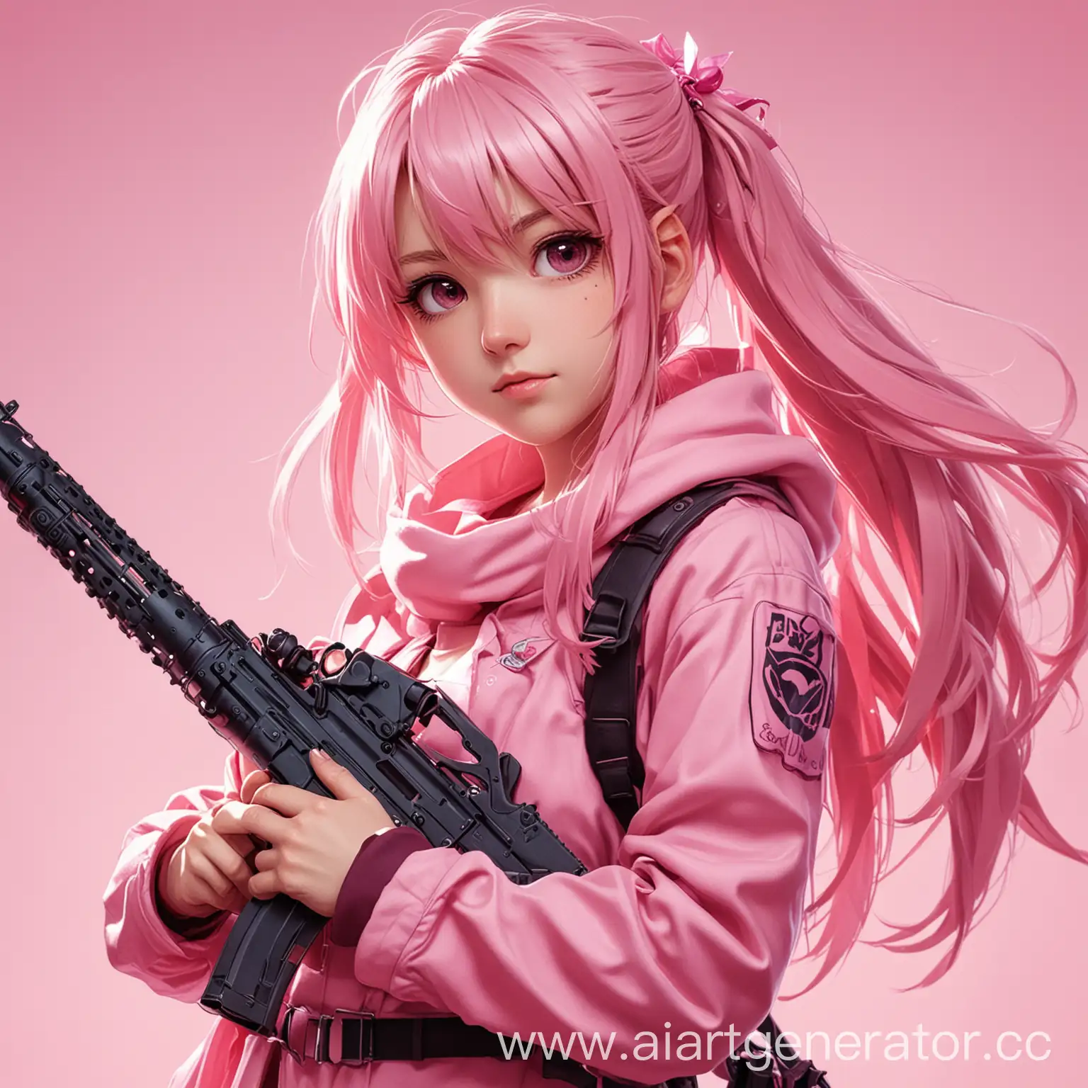 девочка с оружием из аниме в розовых красках