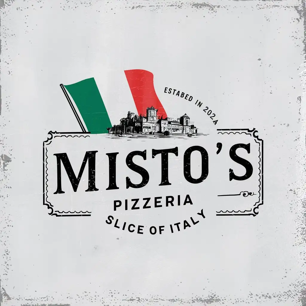 Misto's Pizzeria , Letter Mark , Minimal , Edge decoration, Italian colors , Textured White Background , EST 2024 , Italy flag , Vintage, Slogan, Slice of Italy, Adobe Illustration, Italian City Sketched, Classic logo