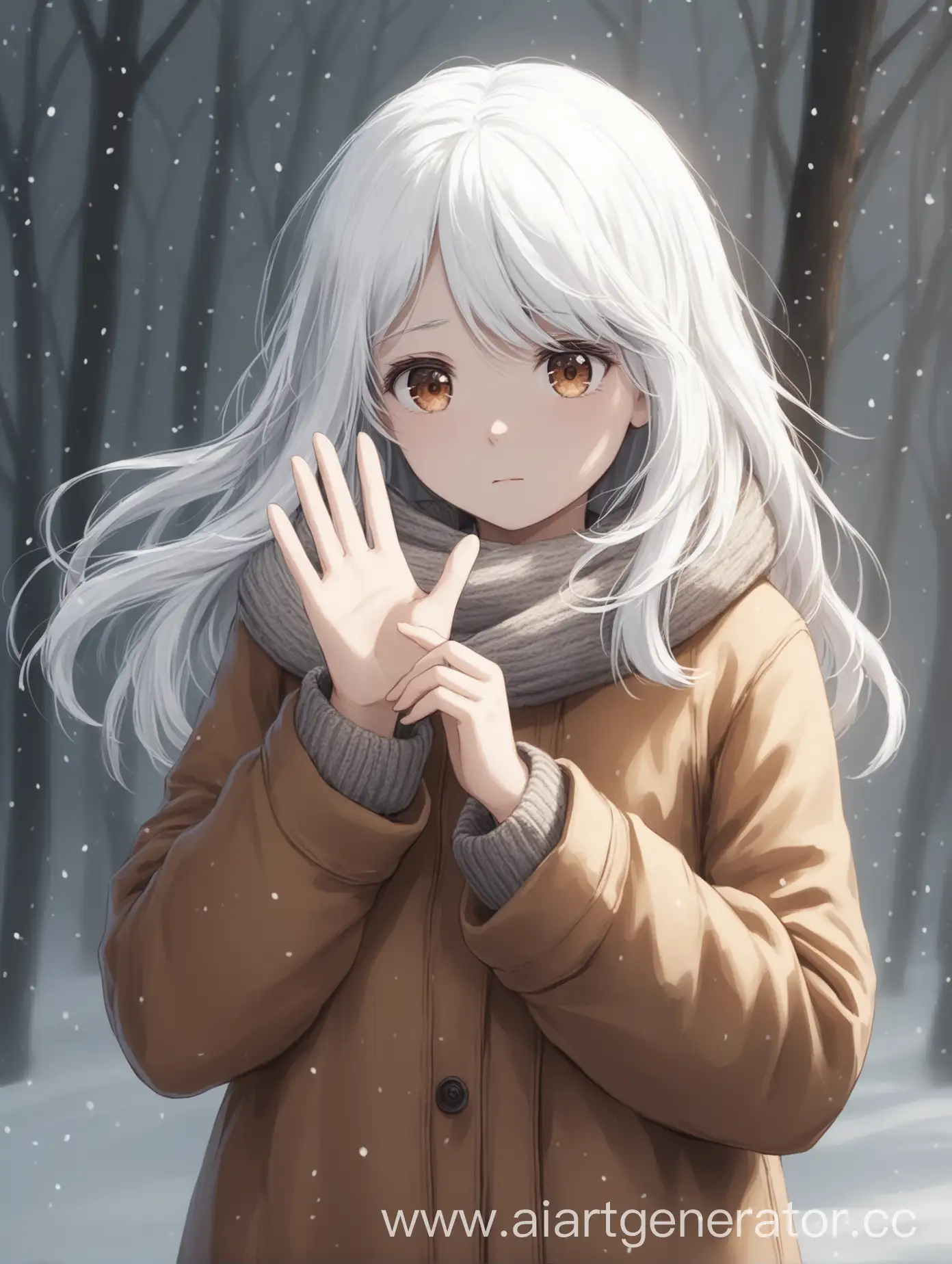 Shy-WhiteHaired-Girl-in-Cozy-Winter-Attire-Waving-Gently