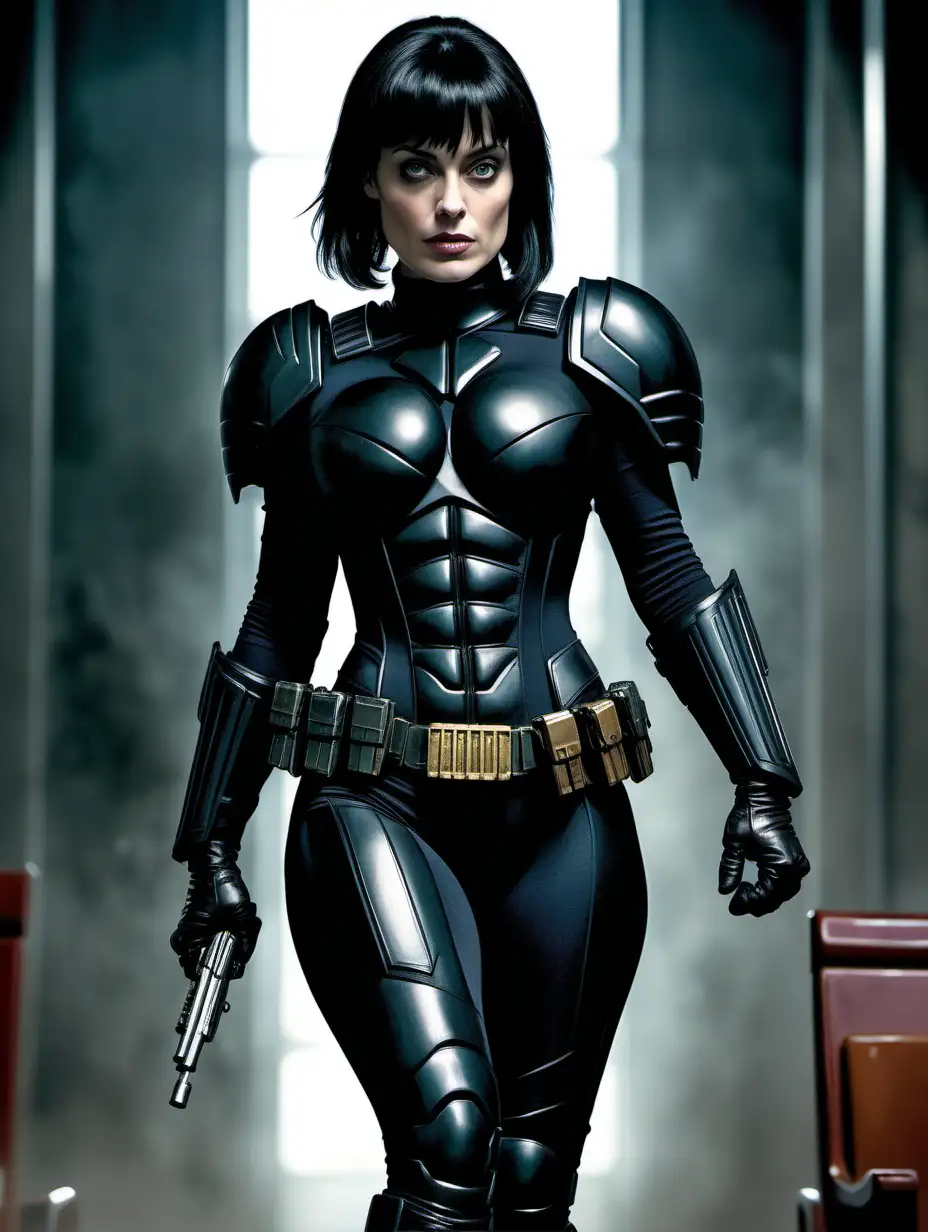 Antje Traue as Judge Hershey, tights, black hair with bangs, buxom [Highly Detailed] Judge Dredd comic style,  walking