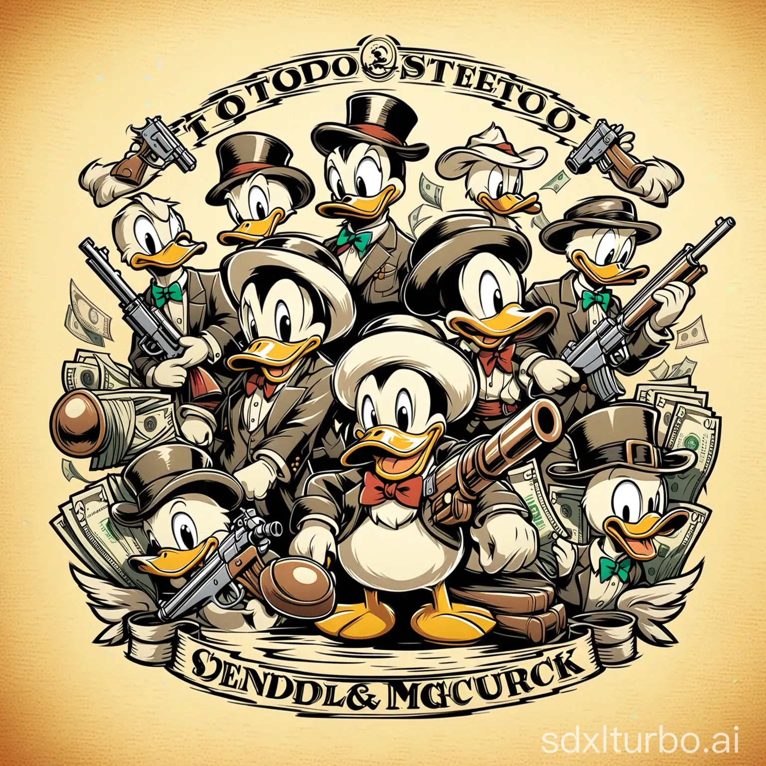 tattoo sketch, characters with money and guns, like gangsters, Donald Duck, Pluto, Scrooge McDuck