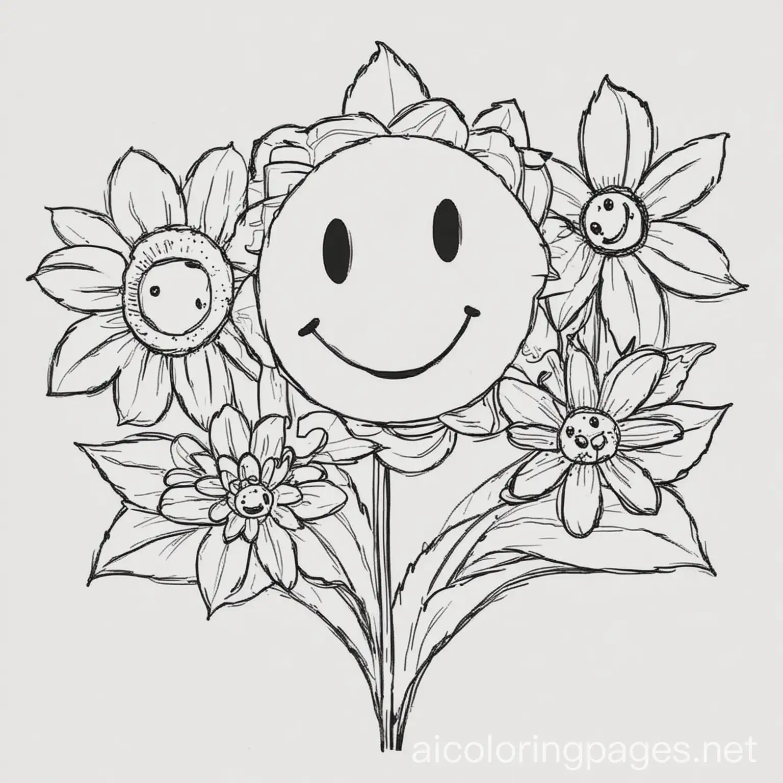 cartoon flowers with smiley faces, Coloring Page, black and white, line art, white background, Simplicity, Ample White Space. The background of the coloring page is plain white to make it easy for young children to color within the lines. The outlines of all the subjects are easy to distinguish, making it simple for kids to color without too much difficulty, Coloring Page, black and white, line art, white background, Simplicity, Ample White Space. The background of the coloring page is plain white to make it easy for young children to color within the lines. The outlines of all the subjects are easy to distinguish, making it simple for kids to color without too much difficulty