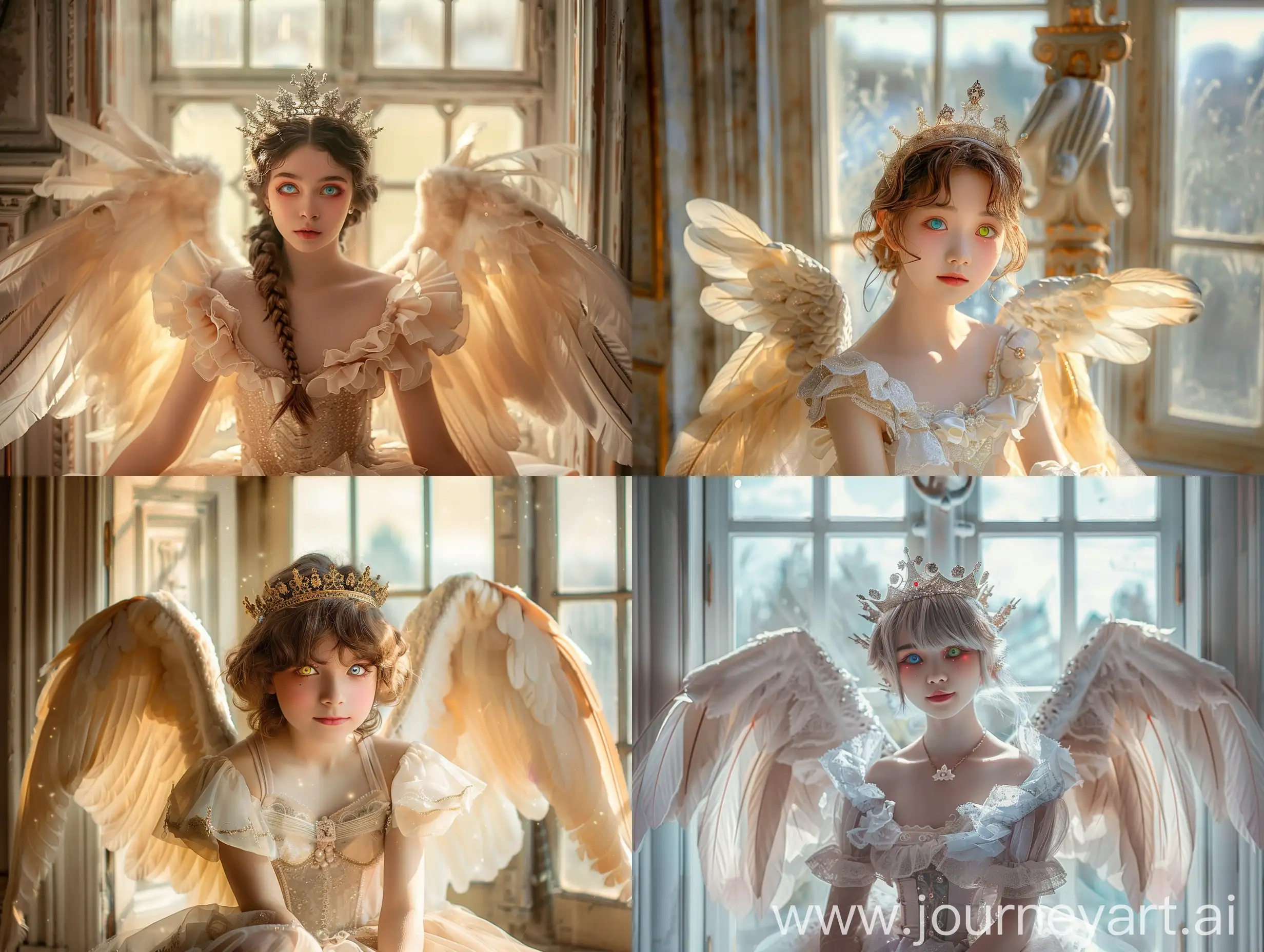 (super real photo of a very beautiful and charming young angel), (with colored eyes, and magnificent and beautiful wings), Instagram model, (wearing a very beautiful and princess dress), (sitting in front of the big window and beautiful, in the royal palace), there is a beautiful crown on the girl's head, a suitable pose, a smile, (her wings are open and slightly blocking the light of the window), delicate and beautiful wings, a masterpiece of photography, real, full of details,
