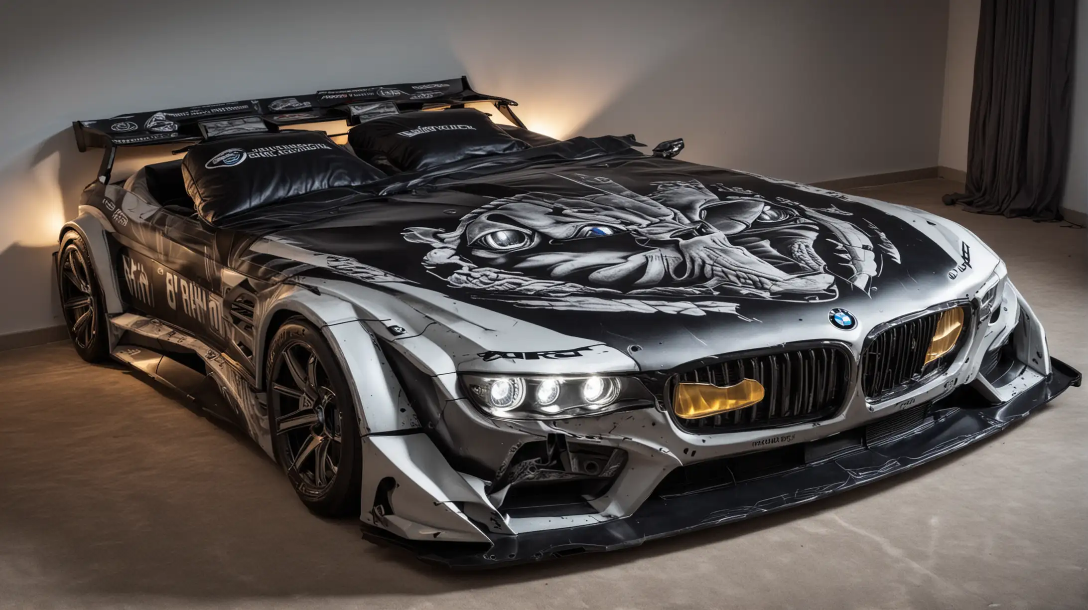Double bed in the shape of a BMW car with headlights on and graphics of an evil and good king cobra