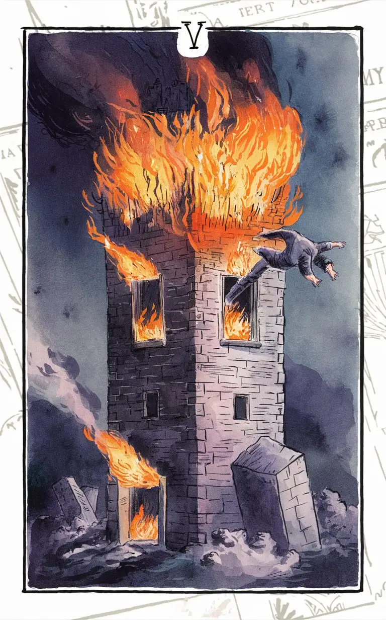 watercolor design with Typography- The Tower
 an ominous Tower with flames shooting from windows here and there. A person diving from window falling and the tower is starting to crumble.
 Tarot Card background in a watercolor style