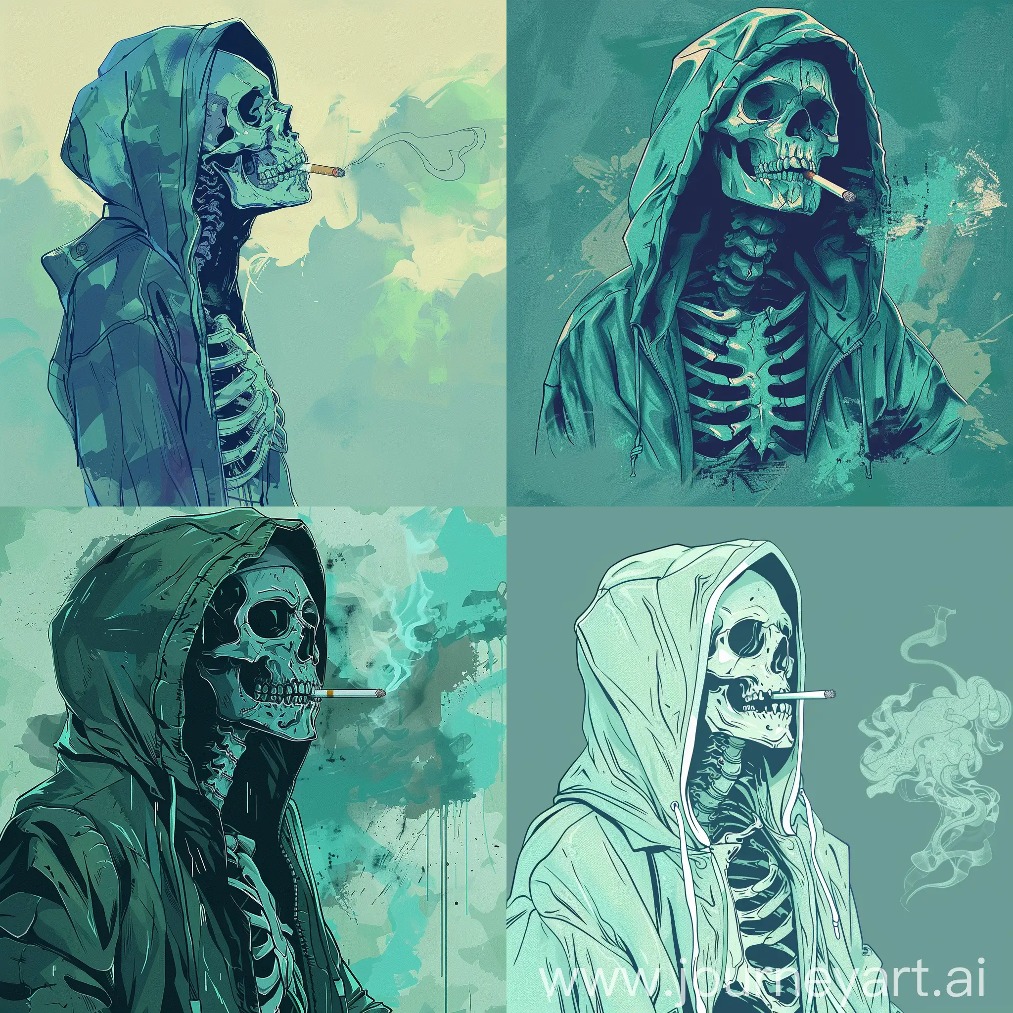 Anime style skeleton with hood jacket, cigarette, art, green-blue mixed tones, illustration by Kyutae Lee