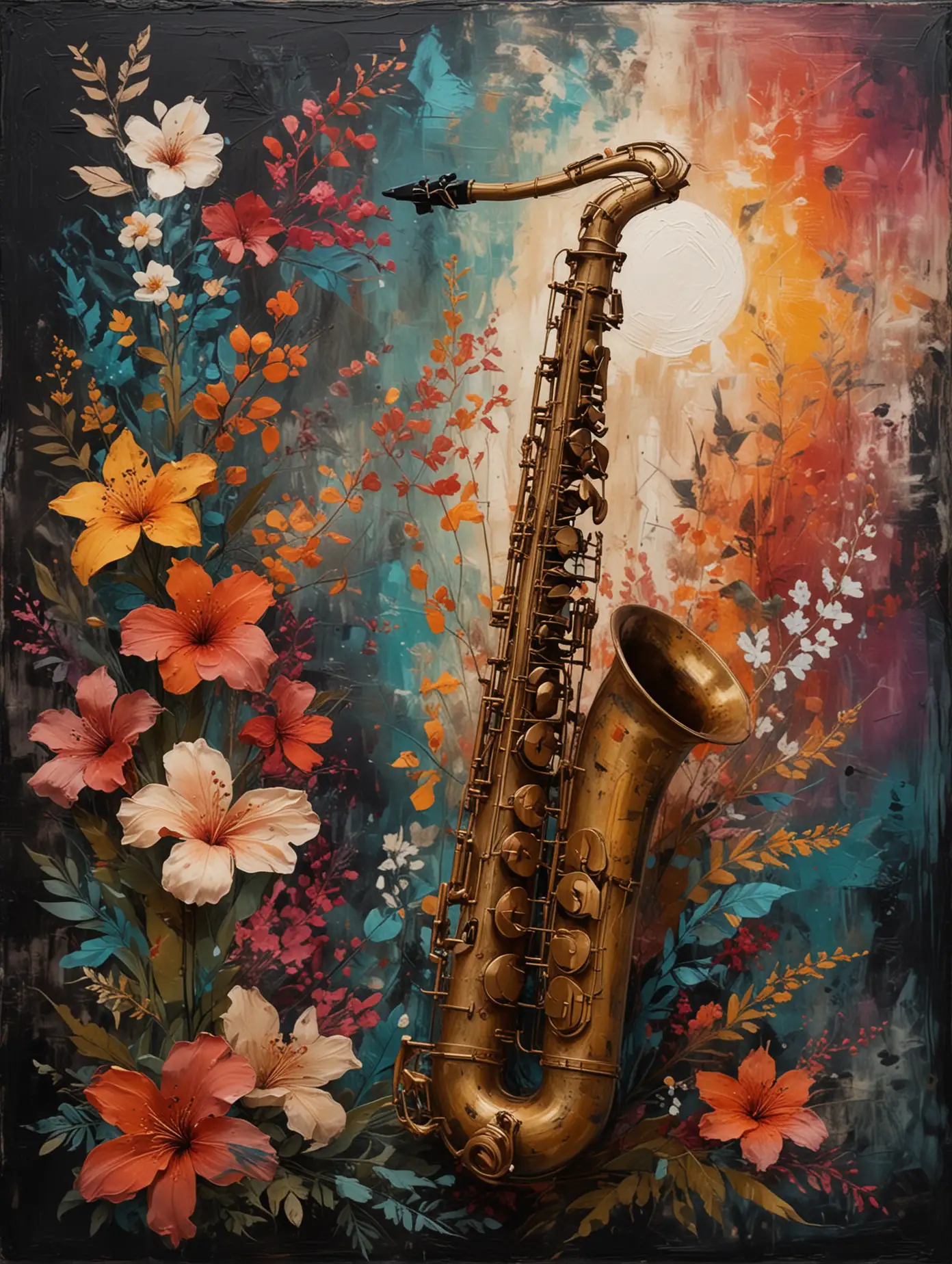 Saxophone Serenade Abstract Summer Night with Flowers in Japandi Colors