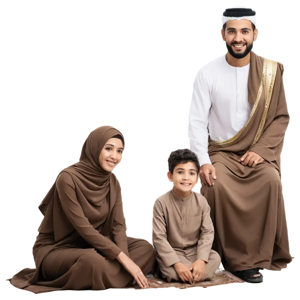 happy muslim family in mekkah with brone clothes
