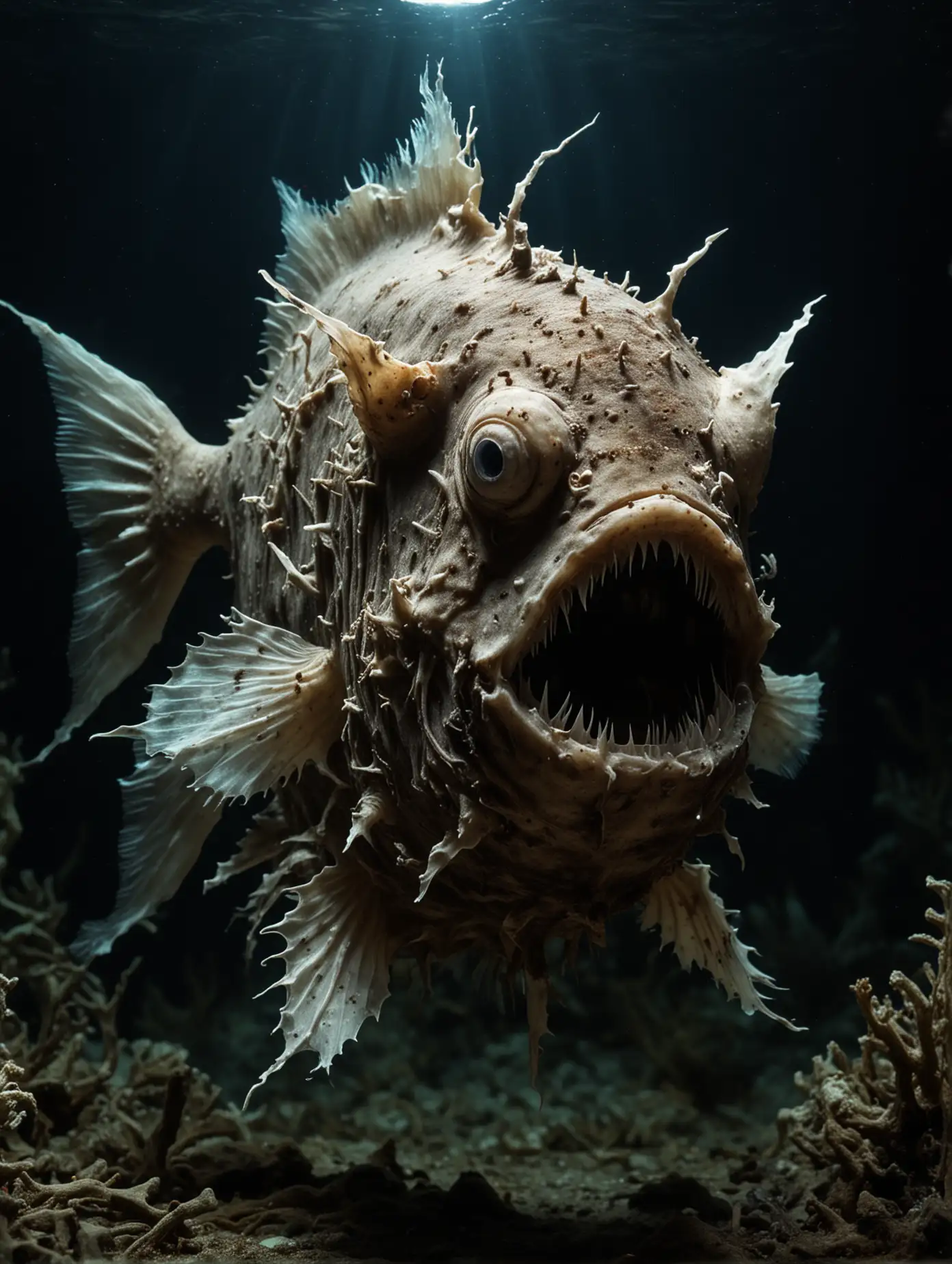 Creepy anglerfish, only light source illuminated from illicium, decaying look, some bones protruding