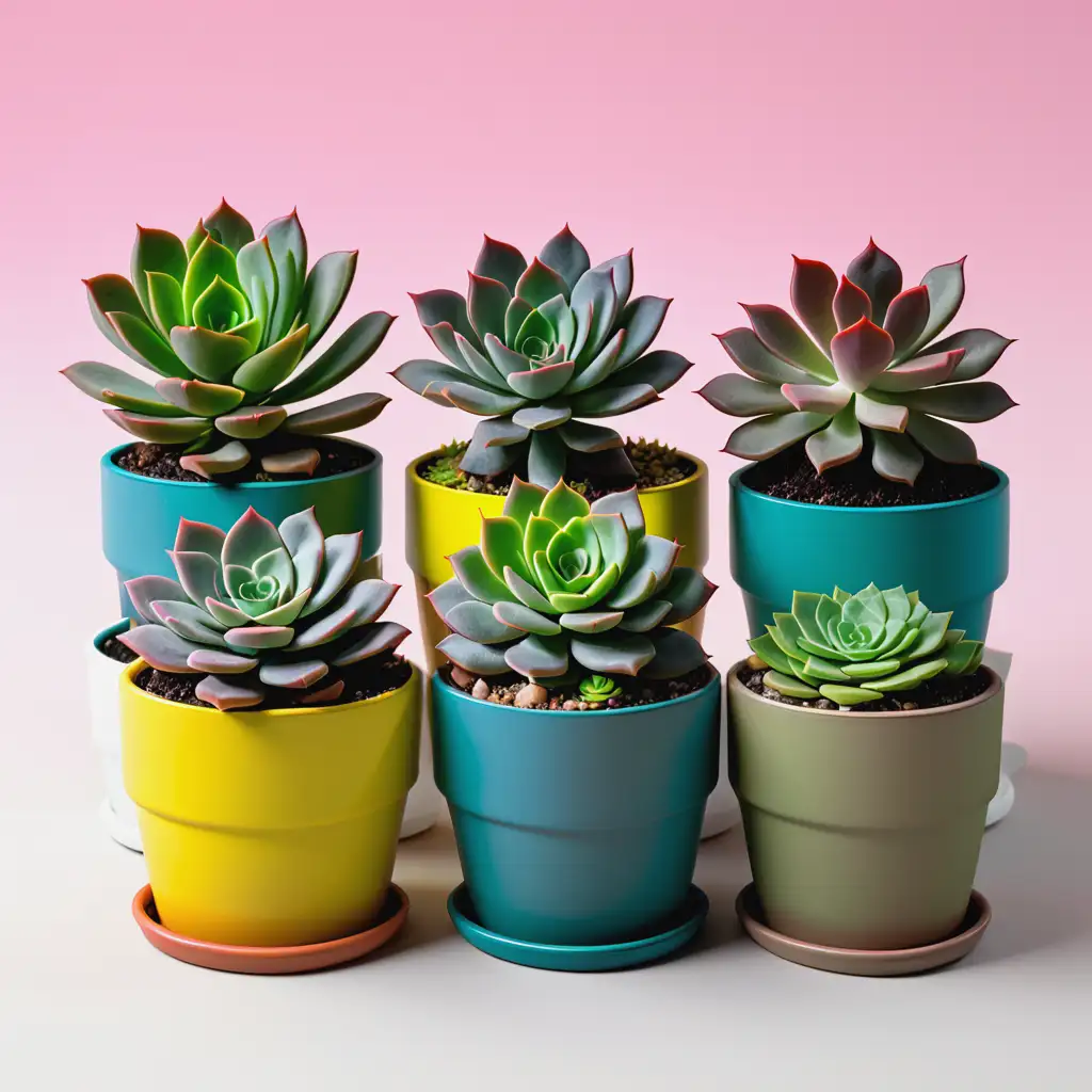 Four CMYK Colored Succulents in Side View Vibrant Potted Plant Arrangement