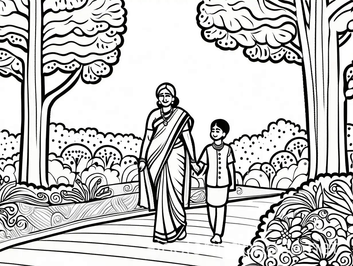 Indian grandmother in a saree walking with grandson in a park, Coloring Page, black and white, line art, white background, Simplicity, Ample White Space. The background of the coloring page is plain white to make it easy for young children to color within the lines. The outlines of all the subjects are easy to distinguish, making it simple for kids to color without too much difficulty