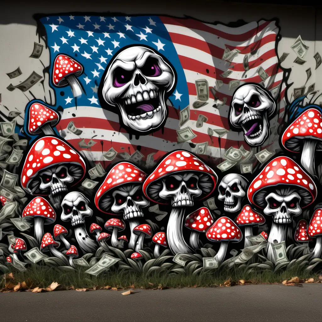 GRAFITTI  MONEY RUN OVER HAPPY SHROOMS, WITH SKULLS AND DEAD PRESIDENTS. AMERICAN FLAG THEME