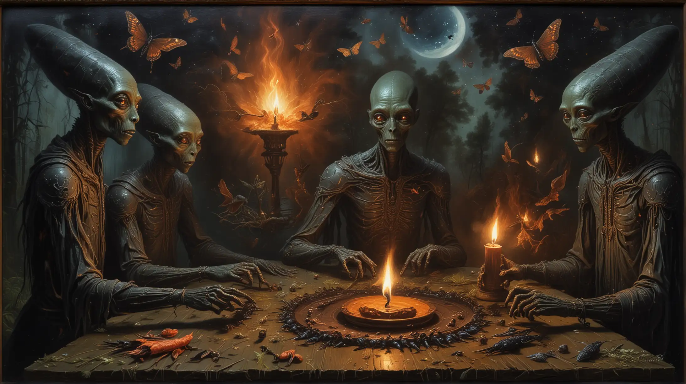 Swamp Mysticism, slavonic style Ortxodoxy Icon::3 old icon master tempera painting of black skin Aliens they look at a table with a burning candle to which night moths fly and burn::0.22 and holy inscriptions and Alien space vehicle::3
