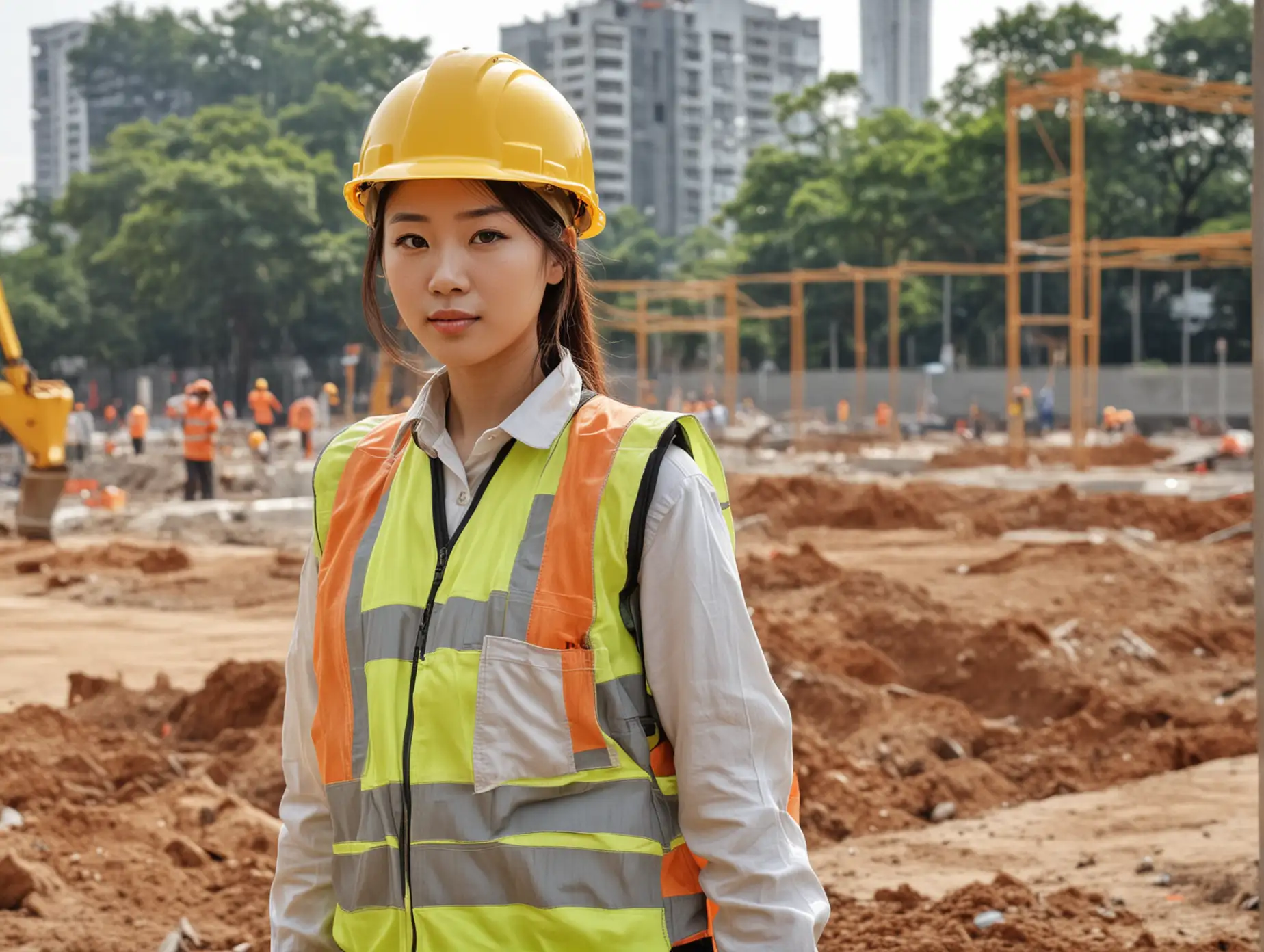 construction site worker's mid-shot, background is park construction site, figure must wear safety helmet, wearing safety clothes, included a Asian person with yellow skin full body appearance