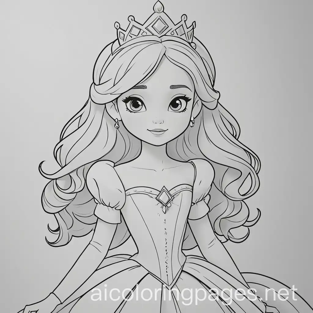 princess coloring page, Coloring Page, black and white, line art, white background, Simplicity, Ample White Space. The background of the coloring page is plain white to make it easy for young children to color within the lines. The outlines of all the subjects are easy to distinguish, making it simple for kids to color without too much difficulty