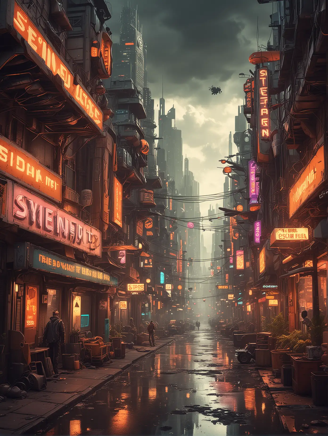 Theme: Sci-fi city, Style: Futuristic, Scene: High-tech metropolis, Flyers, Skyscrapers, Digger's den, Characters: Undercity merchant, Actions: Walking, Flying, Color scheme: Neon lights, Warm color palette, Time: Afternoon on a cloudy day, Effects: Light tracing, Dynamic blur