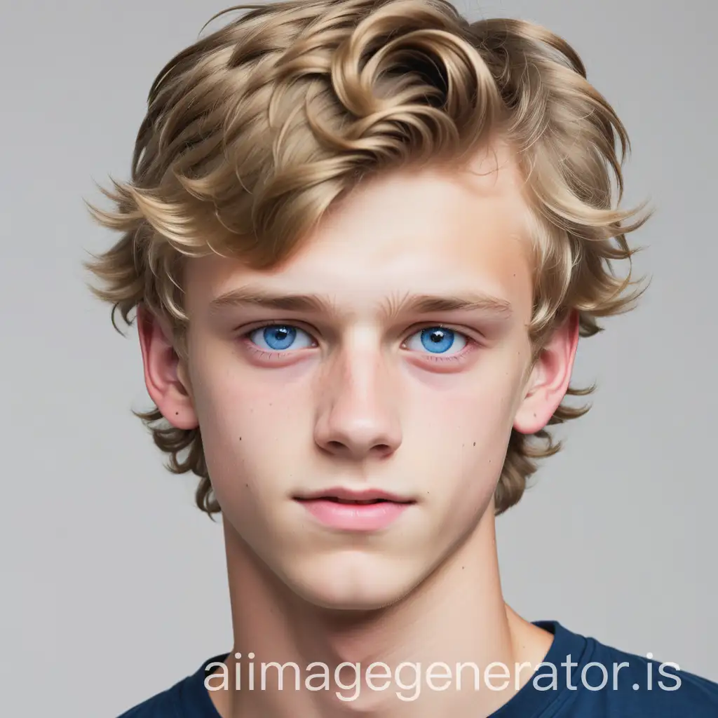 a tall boy, 16 years old, short slightly curly dirty blonde hair, fair skin, and blue eyes