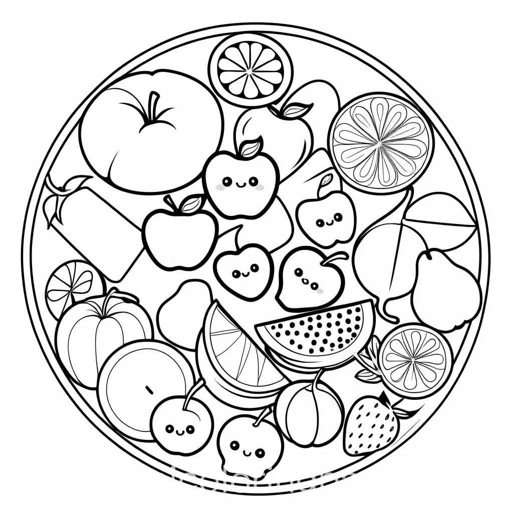 Adorable-Kawaii-Themed-Fruit-Snacks-Coloring-Page-Black-and-White-Line-Art-for-Simple-and-Easy-Coloring
