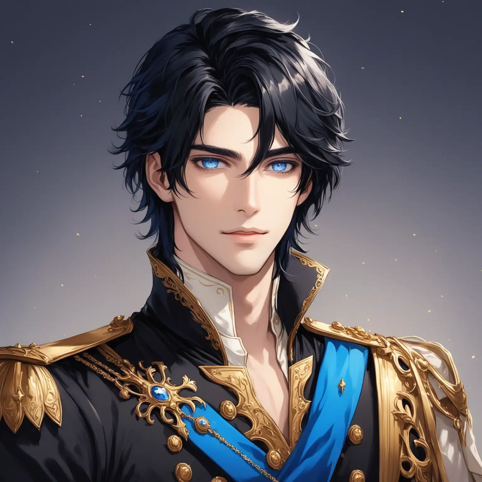 Handsome Prince with Black Hair and Blue Eyes in Regal Attire