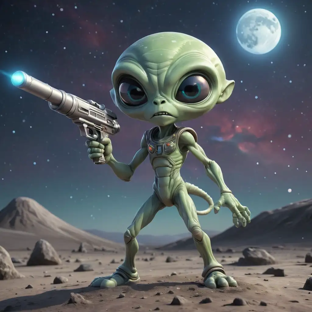 Cartoon-Alien-with-Cosmic-Blaster-on-UFO-Moon-Background